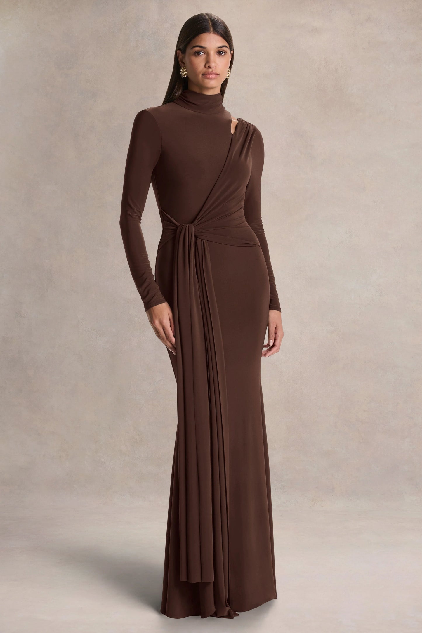 Alastrina Brown High-Neck Maxi Dress With Gathered-Detailing