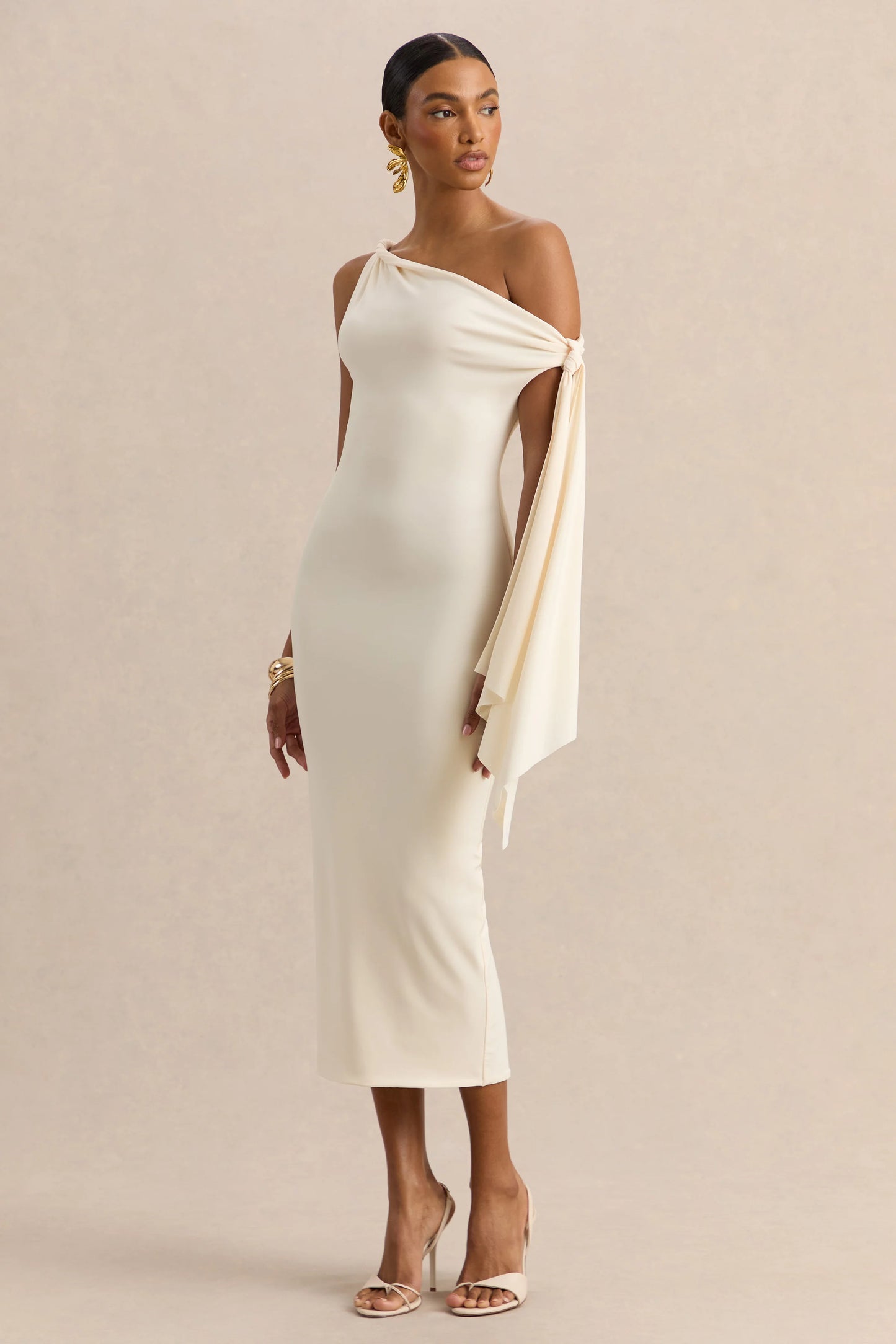 Arcelia Cream Asymmetric-Neck Midi Dress With Knot-Sleeve Detail