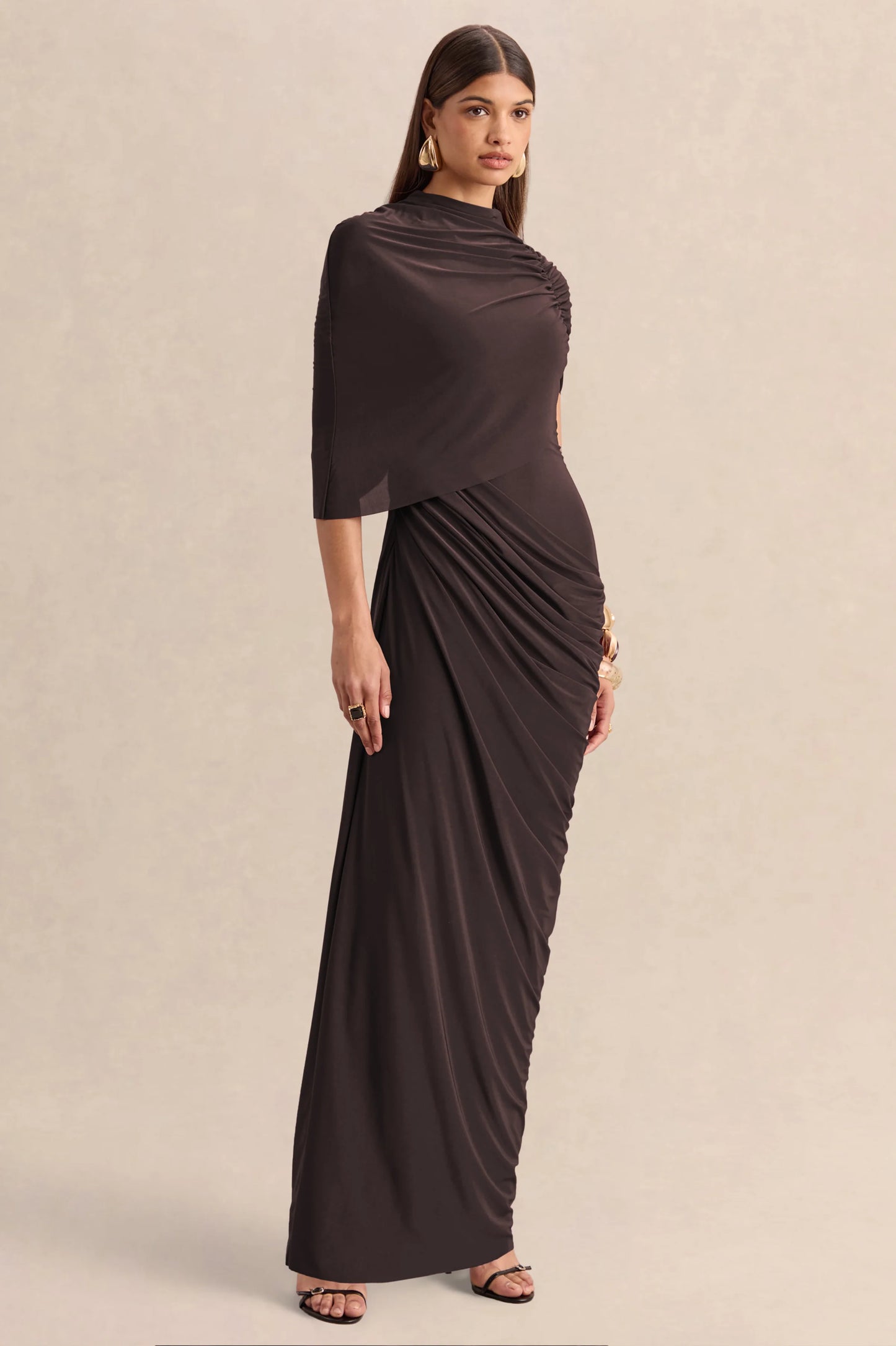 Lunaline Brown High-Neck Maxi Dress With Asymmetric Cape And Draped-Detailing