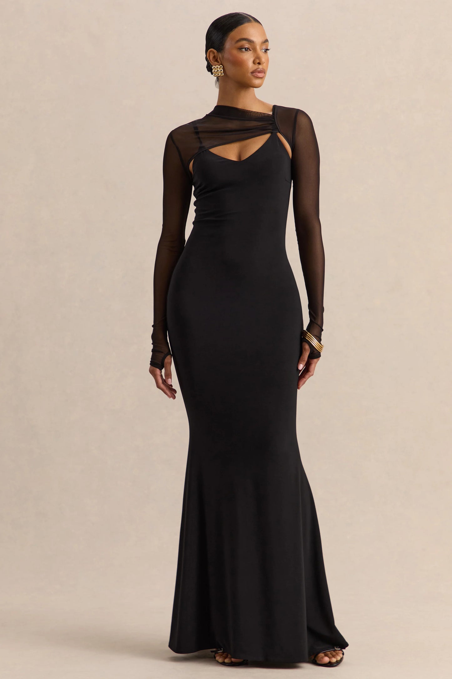 Coralia Black Asymmetric-Neck Maxi Dress With Mesh Long-Sleeves