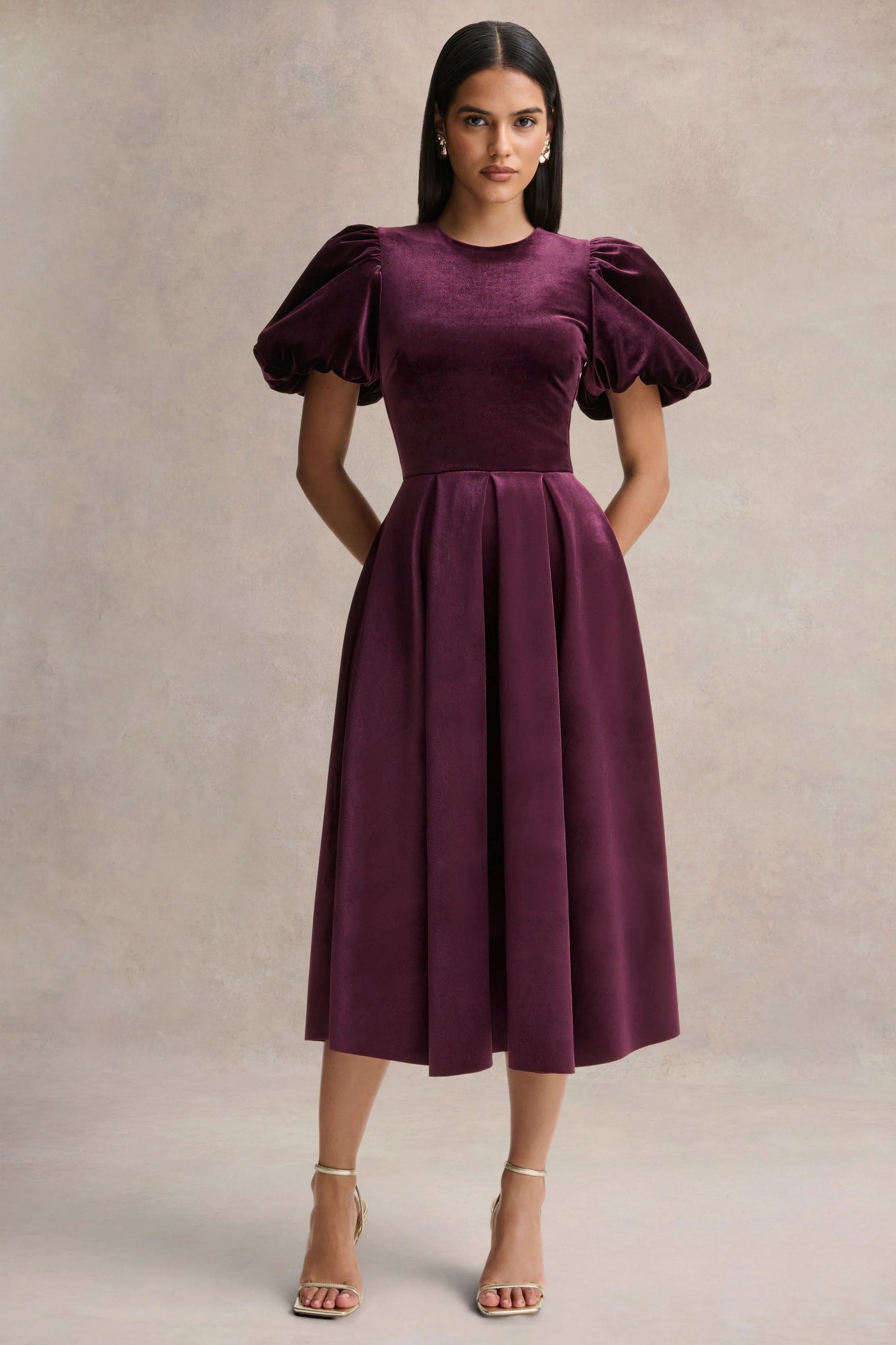 Seraphic Burgundy Velvet Puff-Sleeve Midi Dress