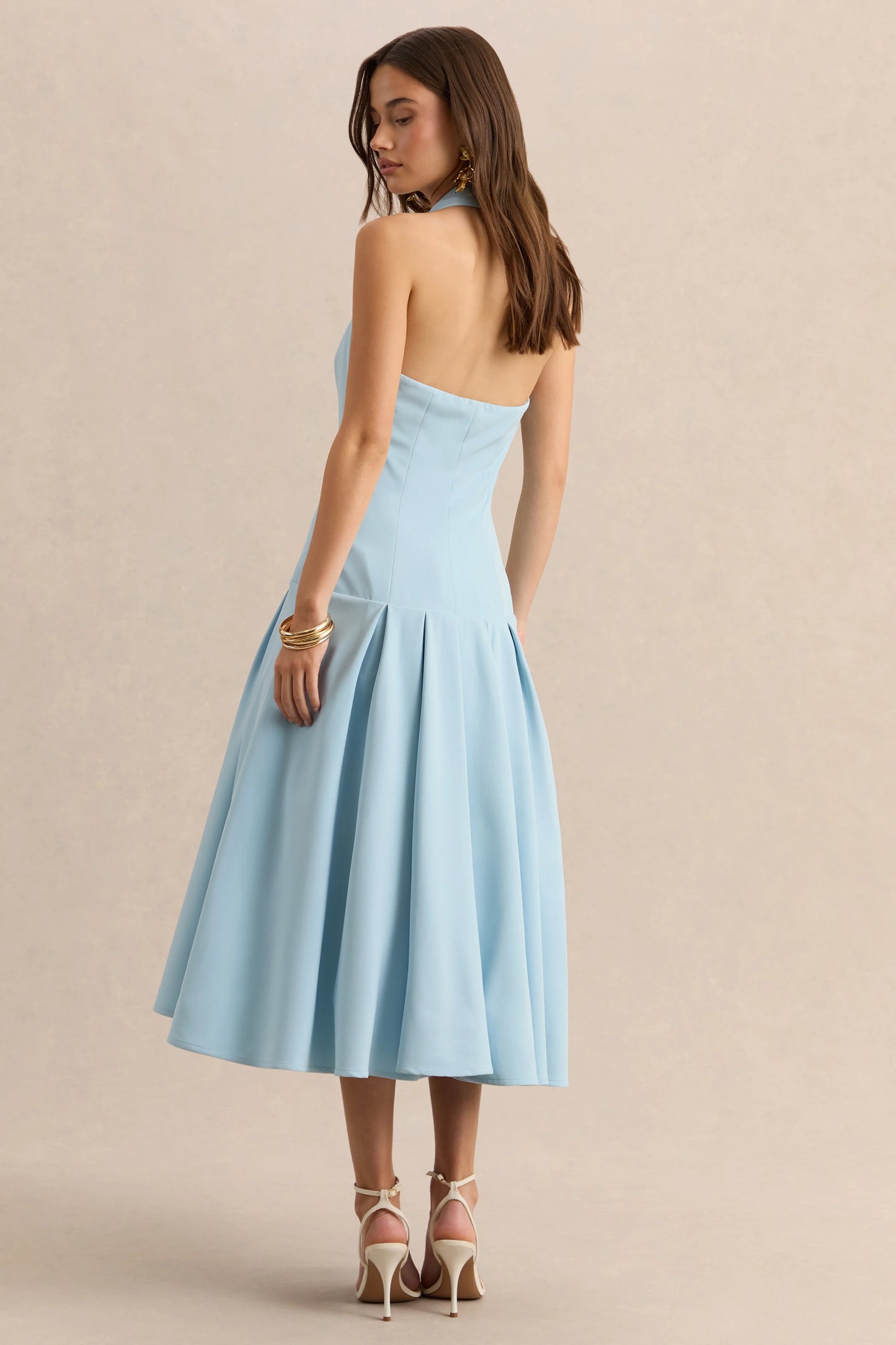 Elise Powder Blue Plunge-Neck Midi Dress With Drop-Waist