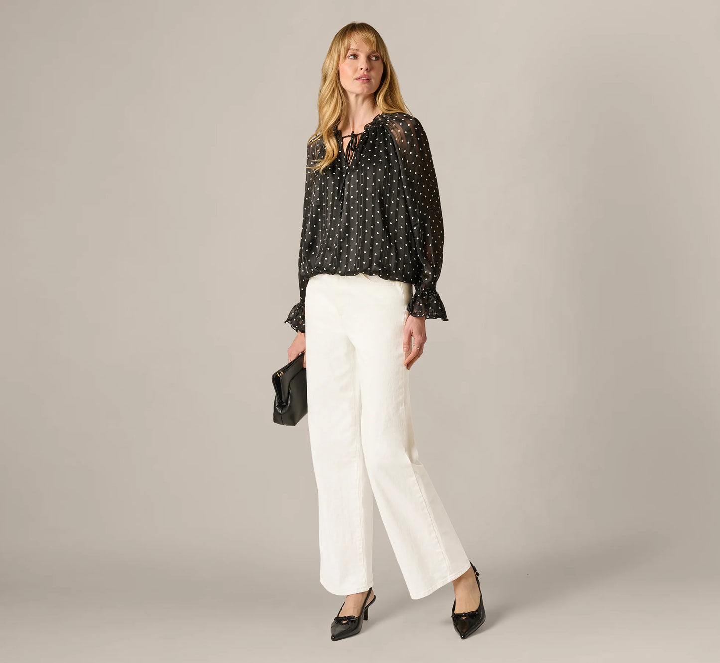 Long Sleeve Chiffon Ruffle Blouse In Black Cream Dot