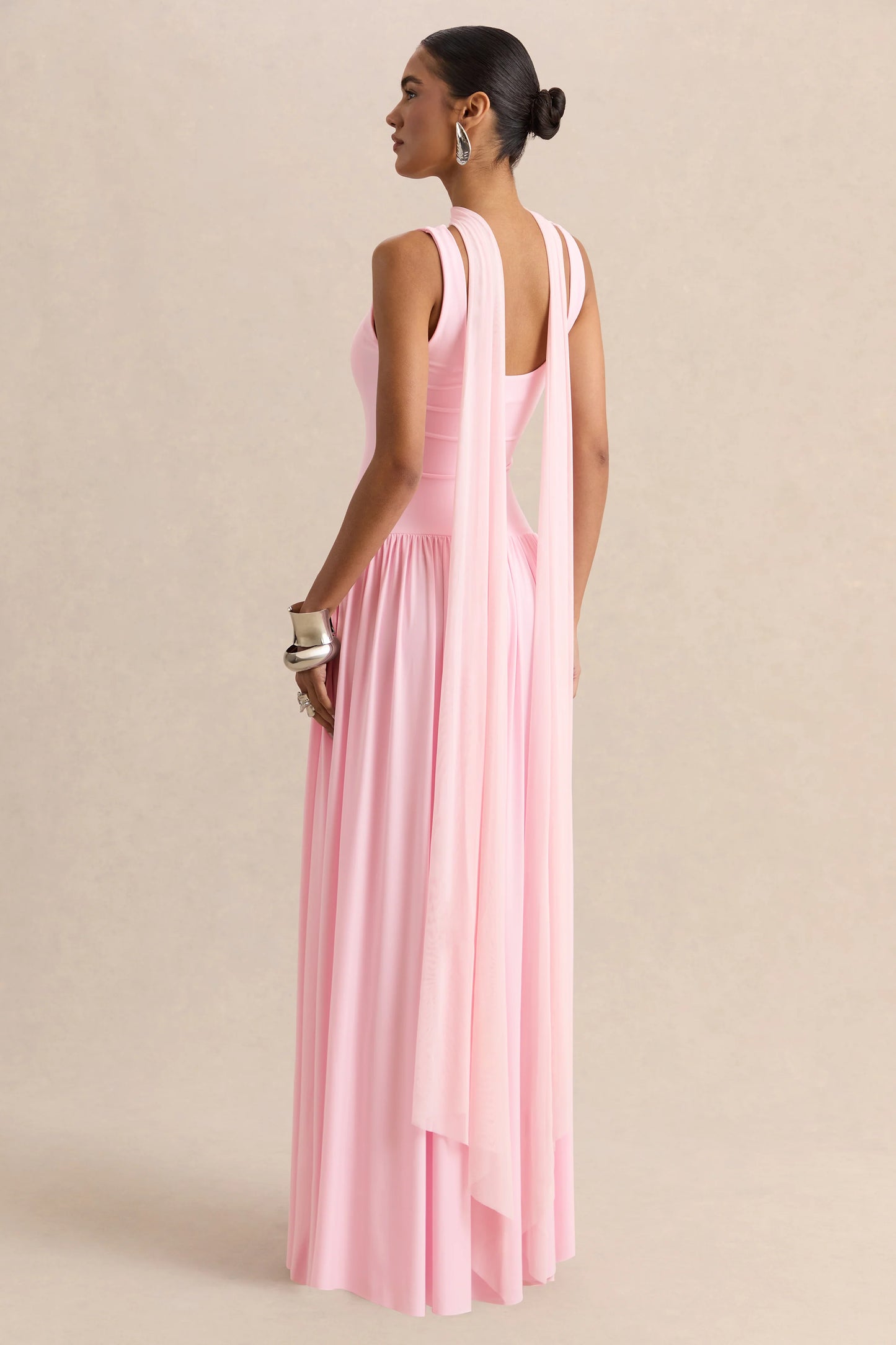 Aurina Pink Square-Neck Maxi Dress With Scarf-Detail