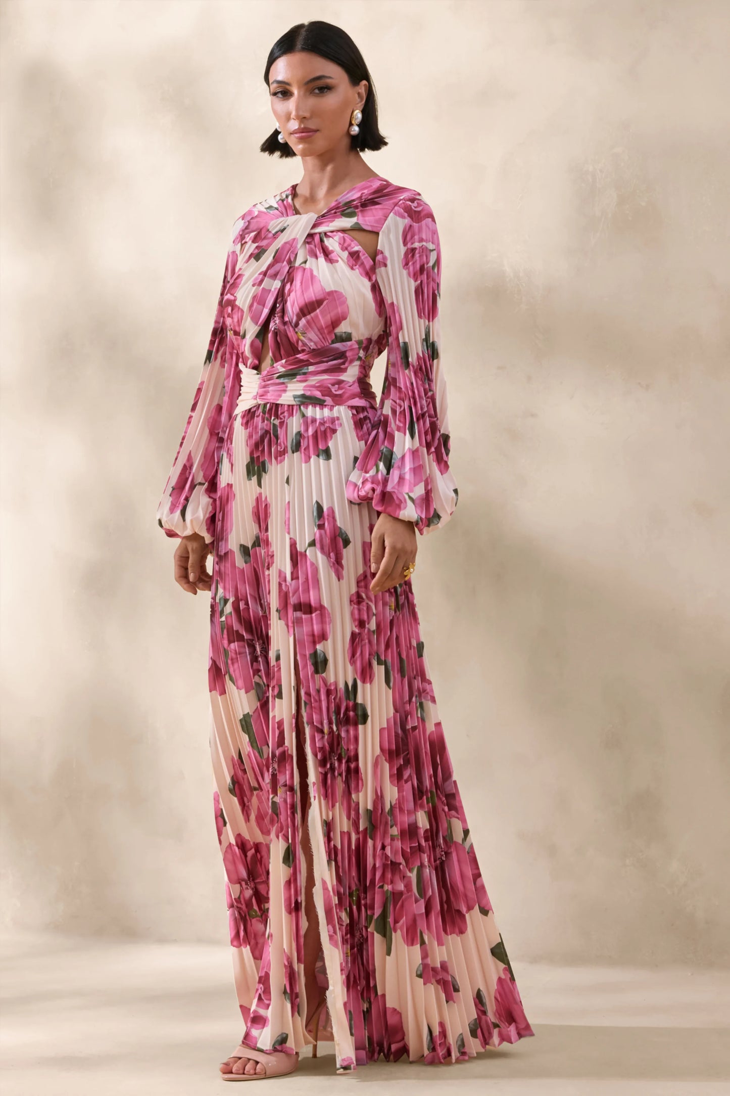 Rionna Pink Hibiscus Print High-Neck Maxi Dress With Cut-Out Detailing