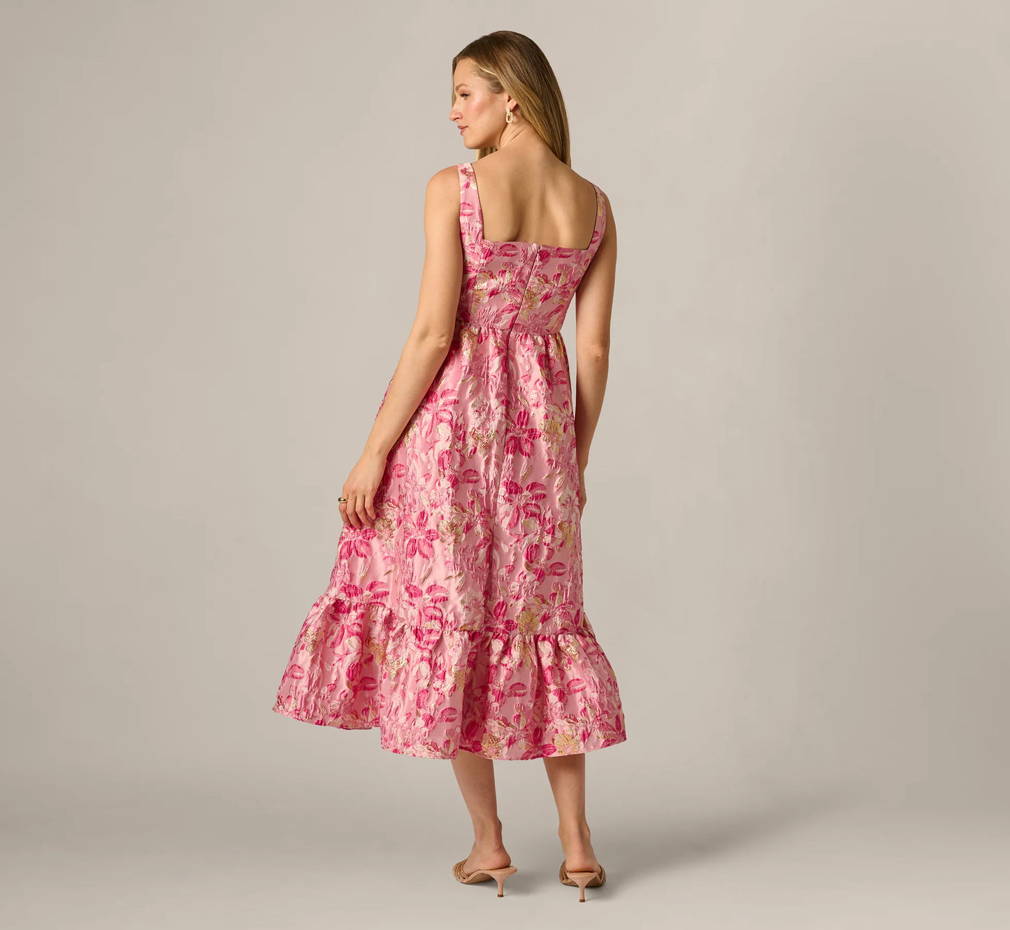 Metallic Floral Jacquard Ruffle Midi Dress In Pink Multi