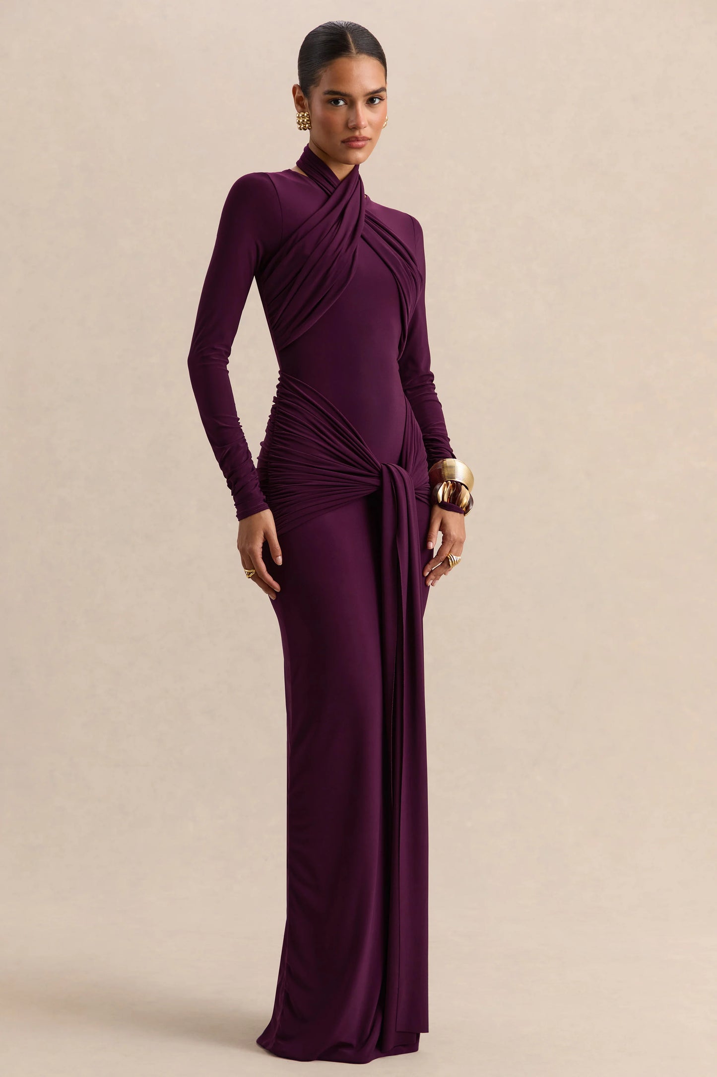 Linessa Dark Plum High-Neck Maxi Dress With Sash And Gathered-Detailing