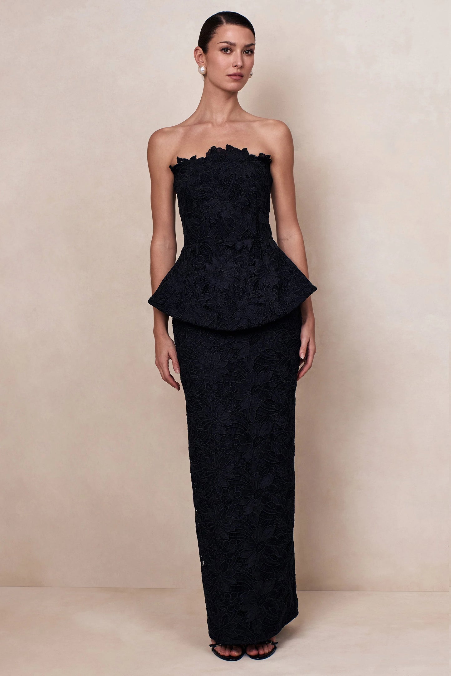 Delvine Black Lace Bandeau Corset Maxi Dress