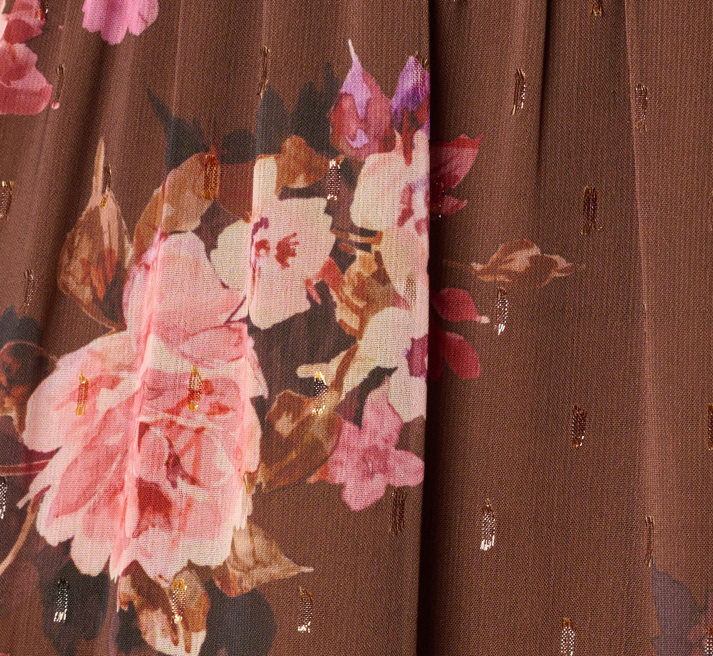 Flutter Sleeve Floral Metallic Chiffon Midi Dress In Brown Multi