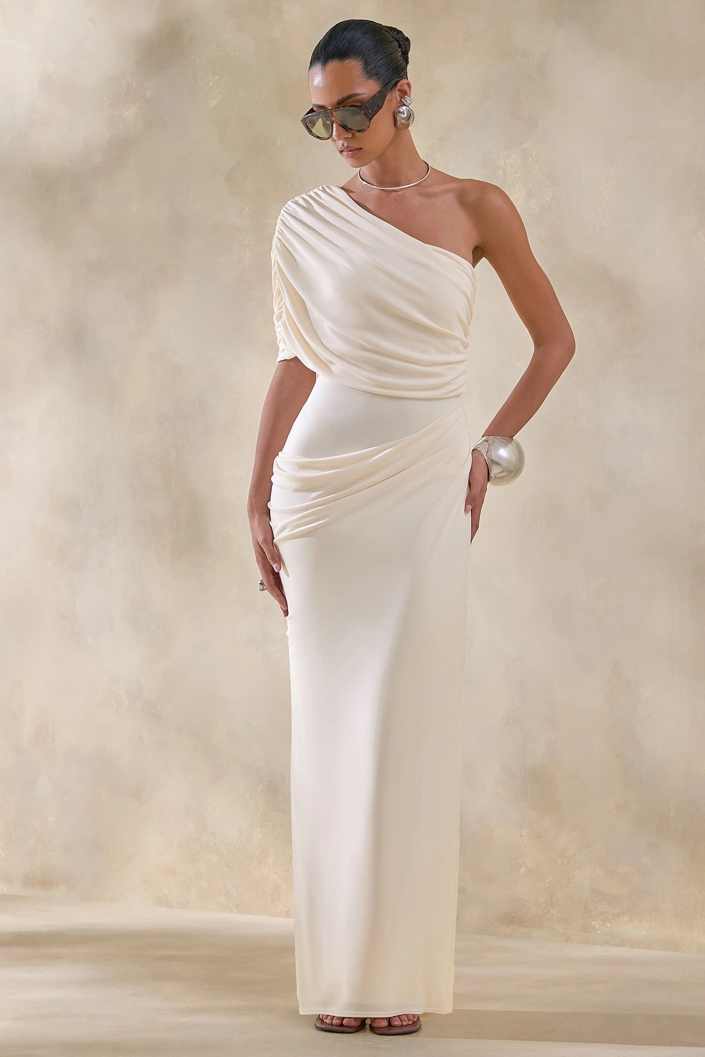 Iberia Cream Asymmetric-Neck Maxi Dress With Draped Detail