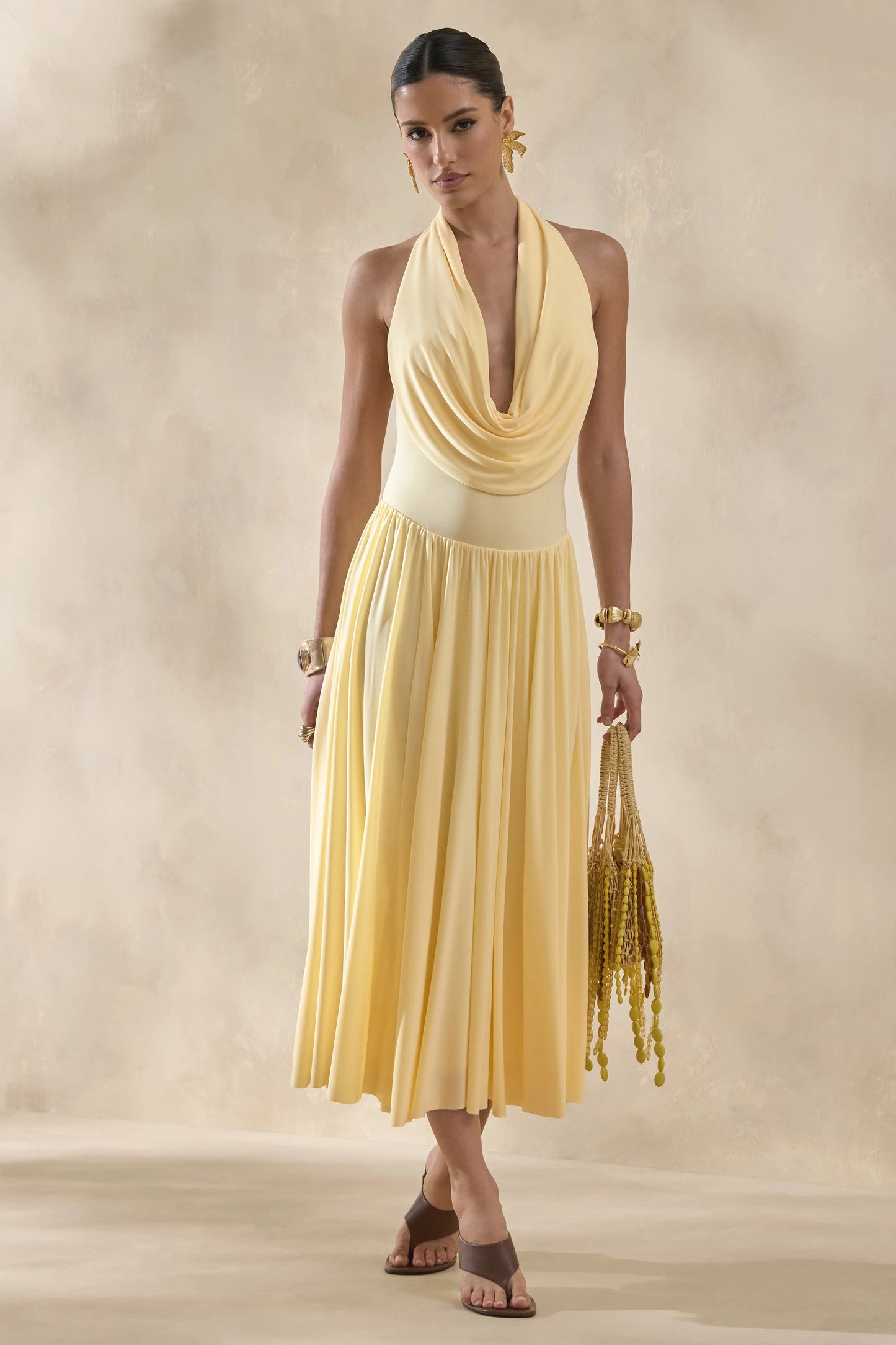 Veyra Lemon Plunge Cowl-Neck Midi Dress