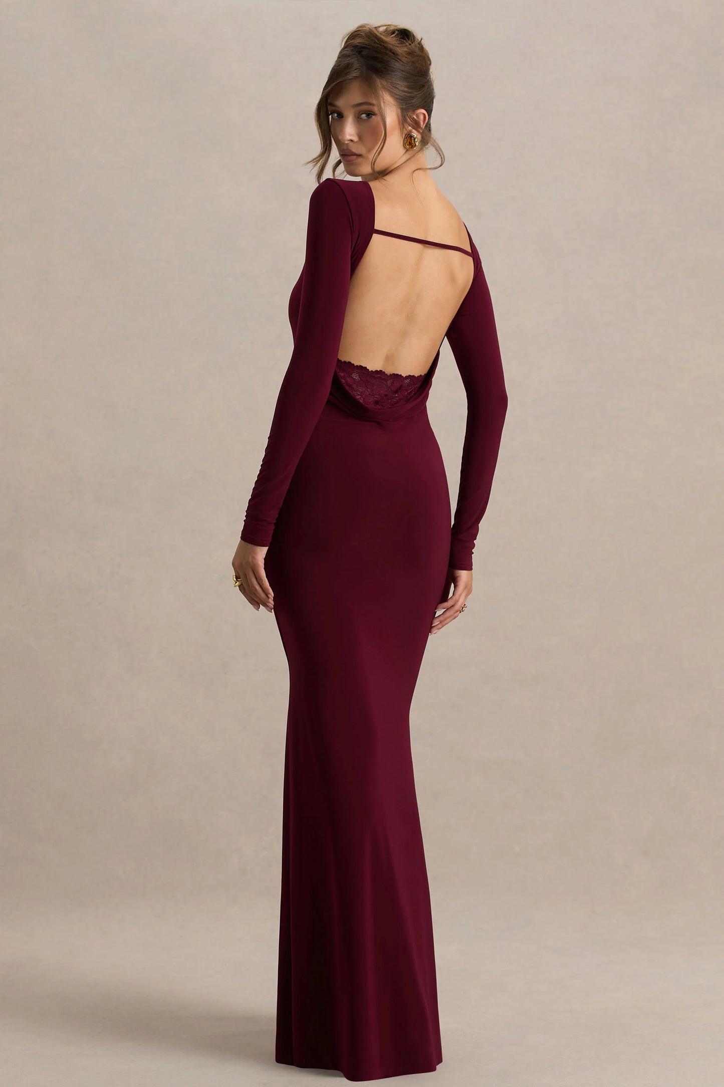 Estelle Burgundy Boat-Neck Maxi Dress With Open-Back And Lace Detail