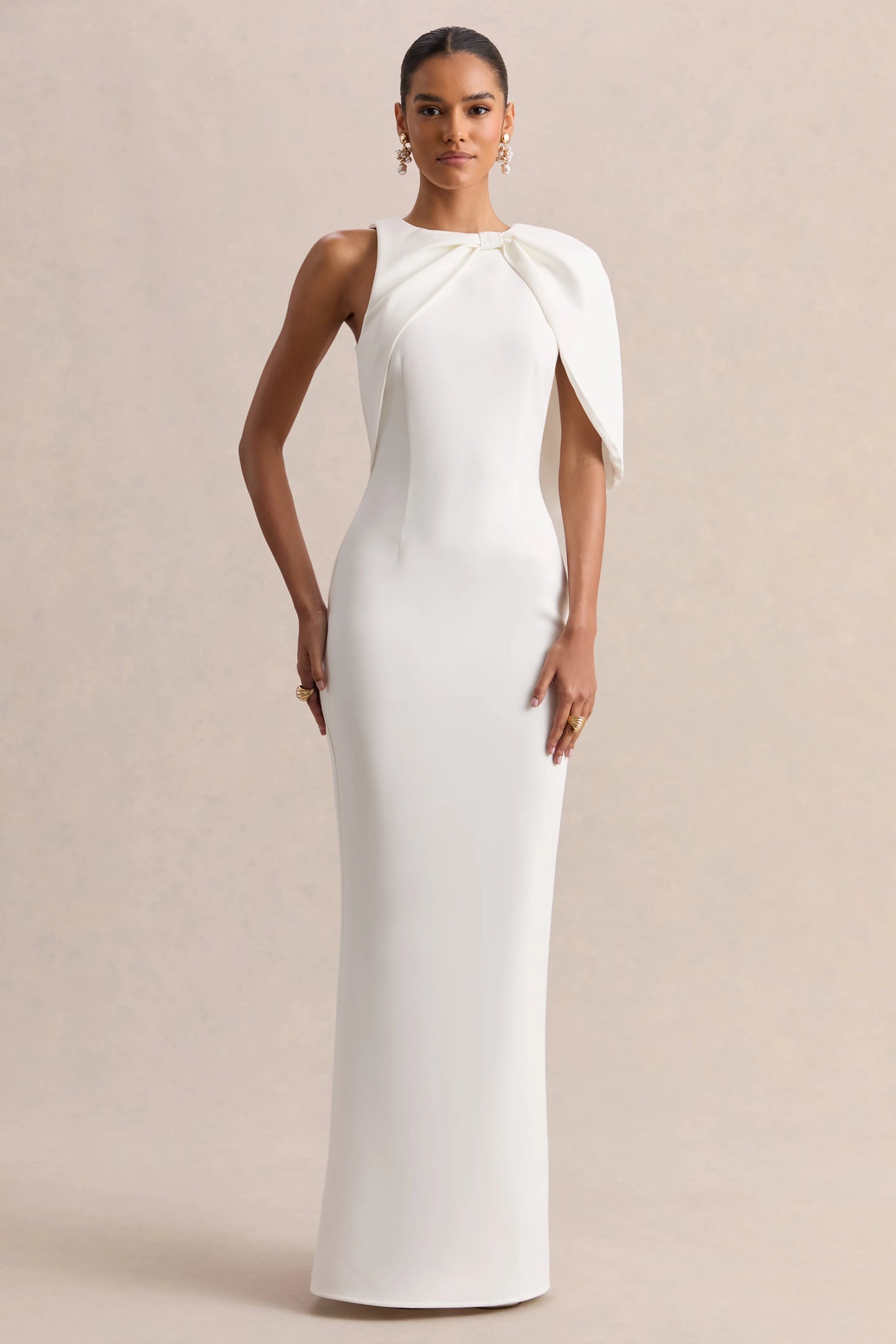 Quira White Asymmetric-Neck Maxi Dress With Cape-Sleeve