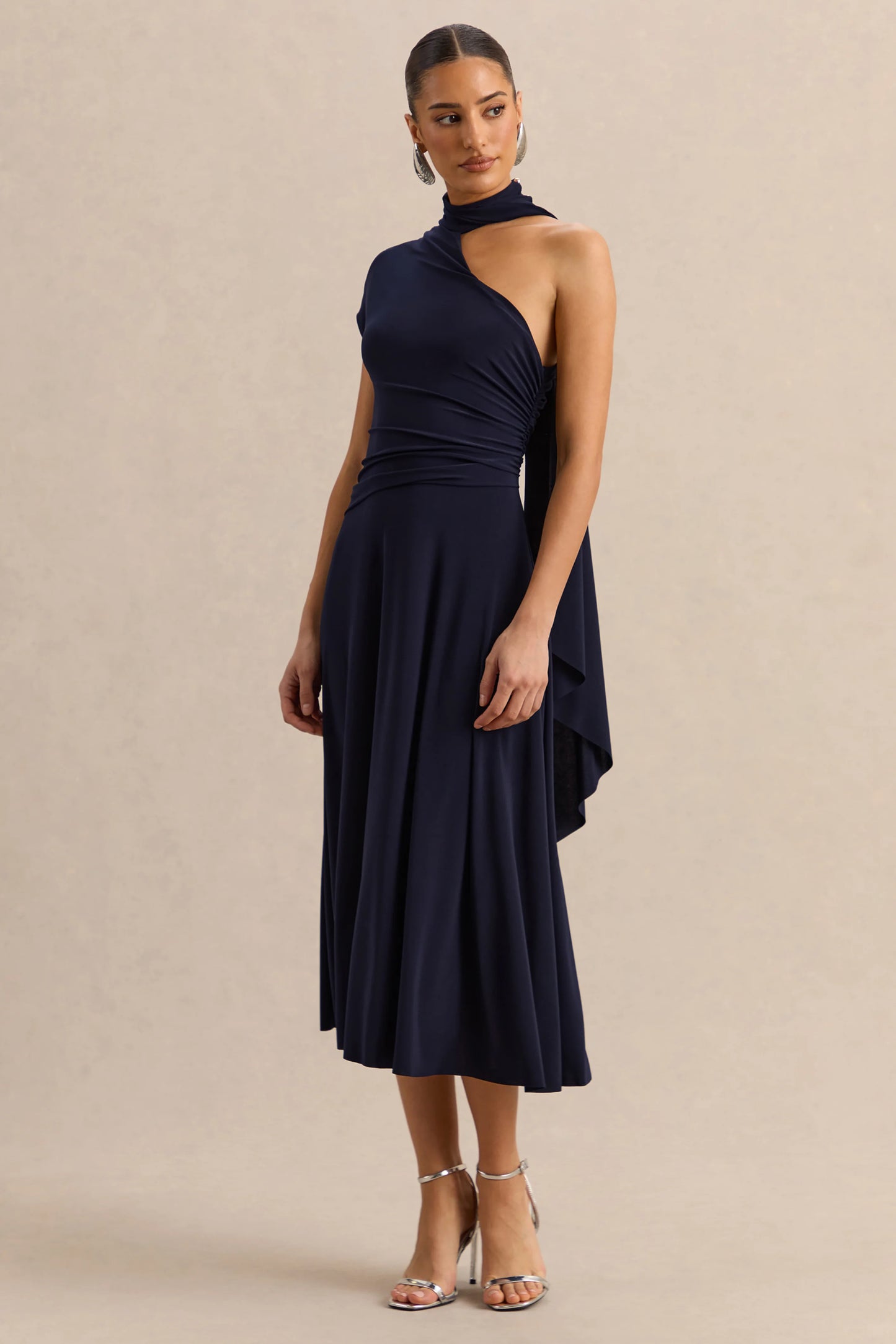 Lythara Navy Asymmetric-Neck Midi Dress With Scarf-Detail