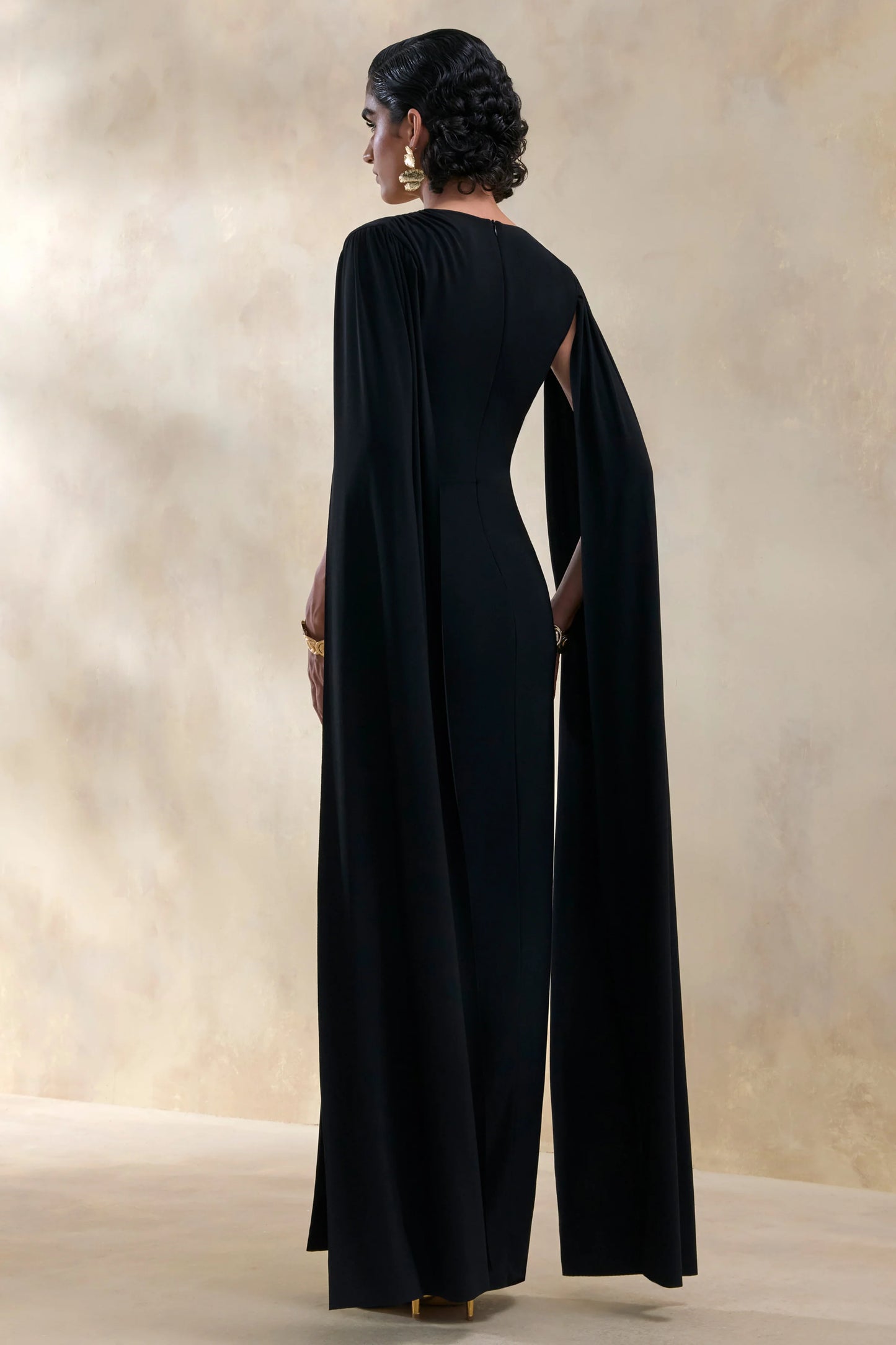 Ulissia Black V-Neck Maxi Dress With Cape-Sleeves