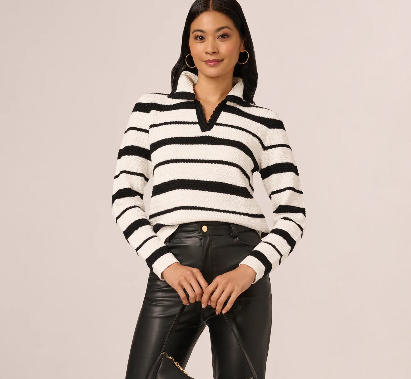 Long Sleeve Striped Polo Sweater Top In Ivory Black