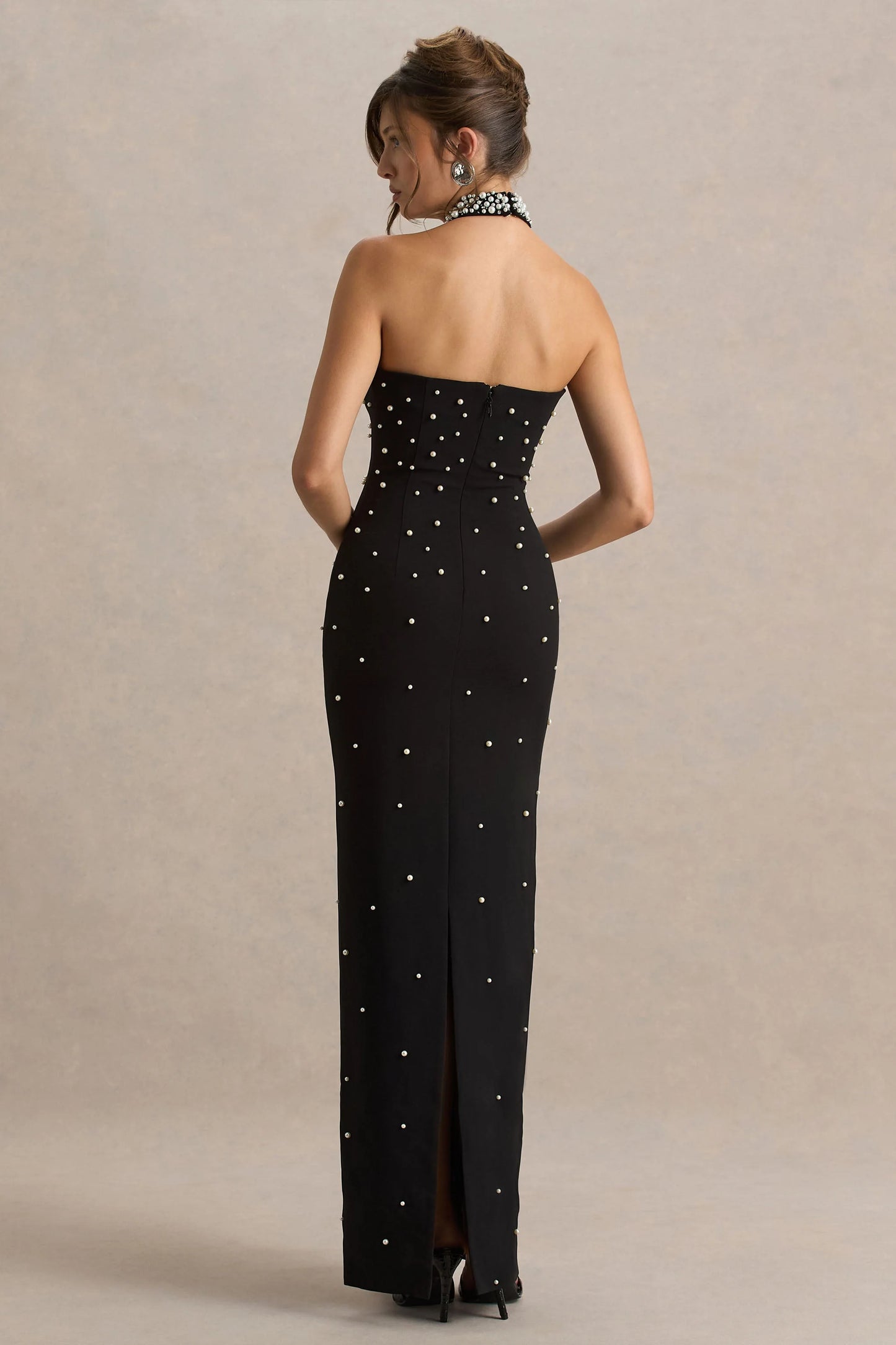 Dani Black Hand-Embellished Halter-Neck Maxi Dress