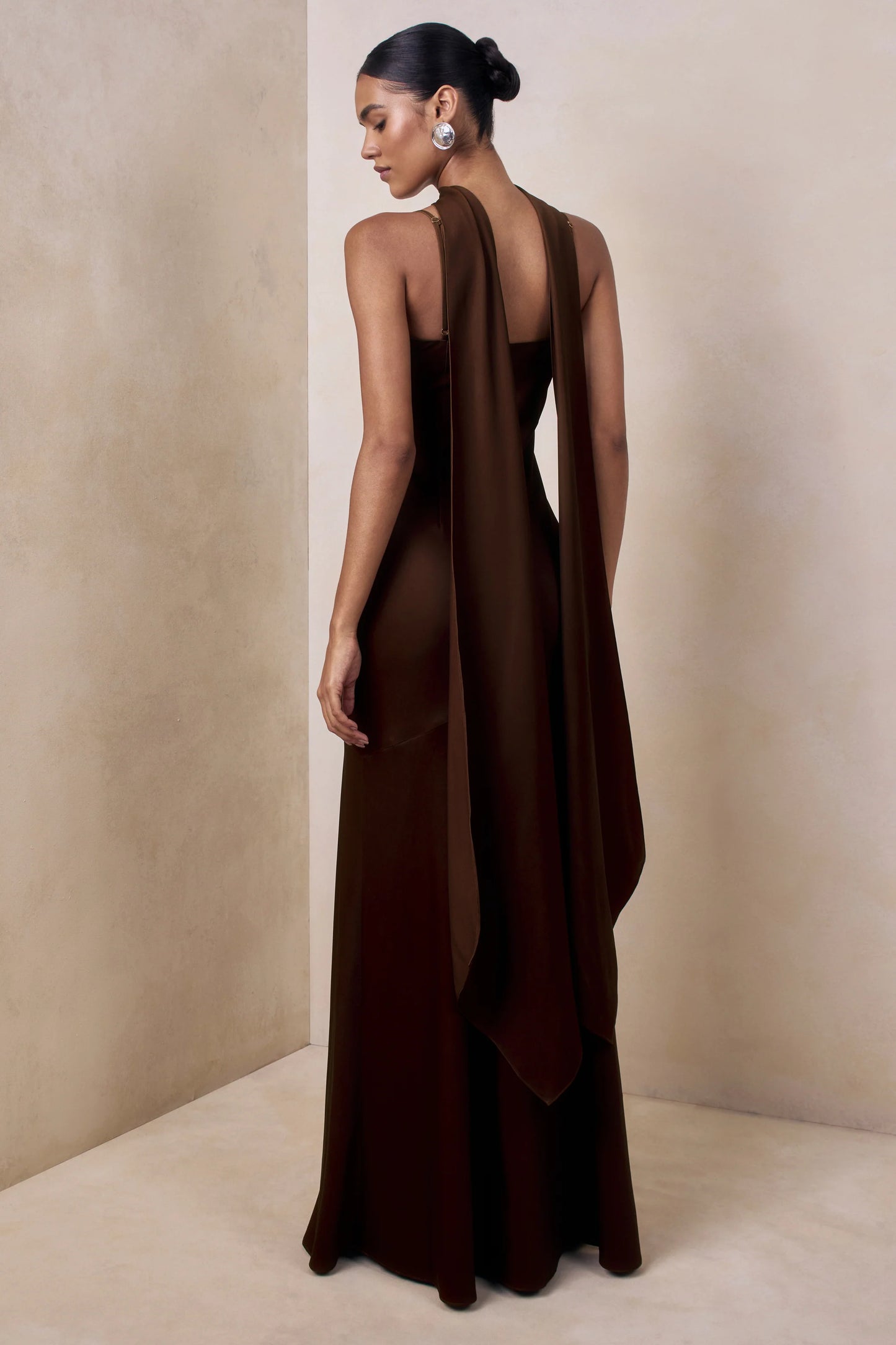 Starling Brown Matte Satin Plunge-Neck Maxi Dress With Scarf-Detail