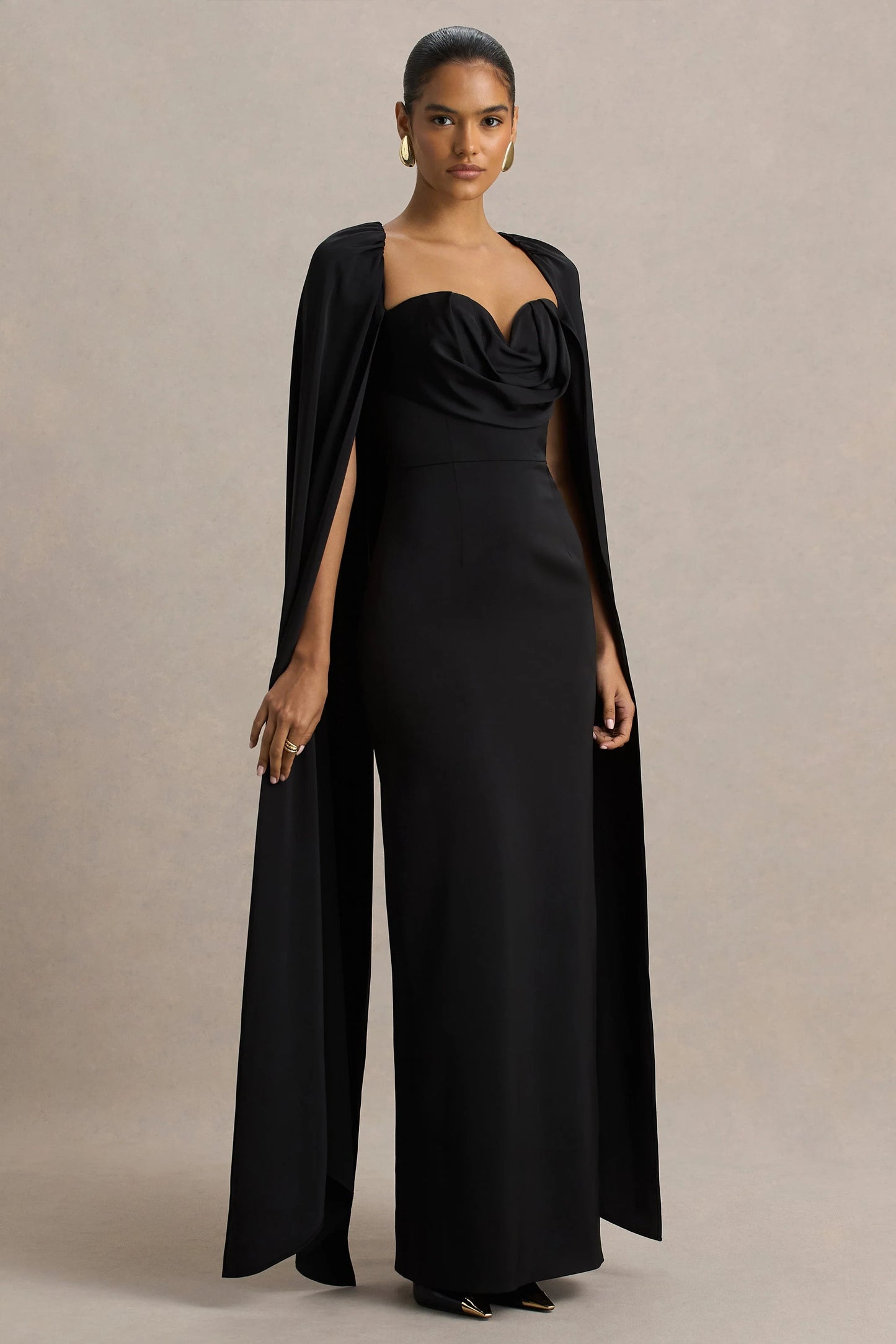 Wren Black Satin Sweetheart-Neck Maxi Dress With Cape Sleeves