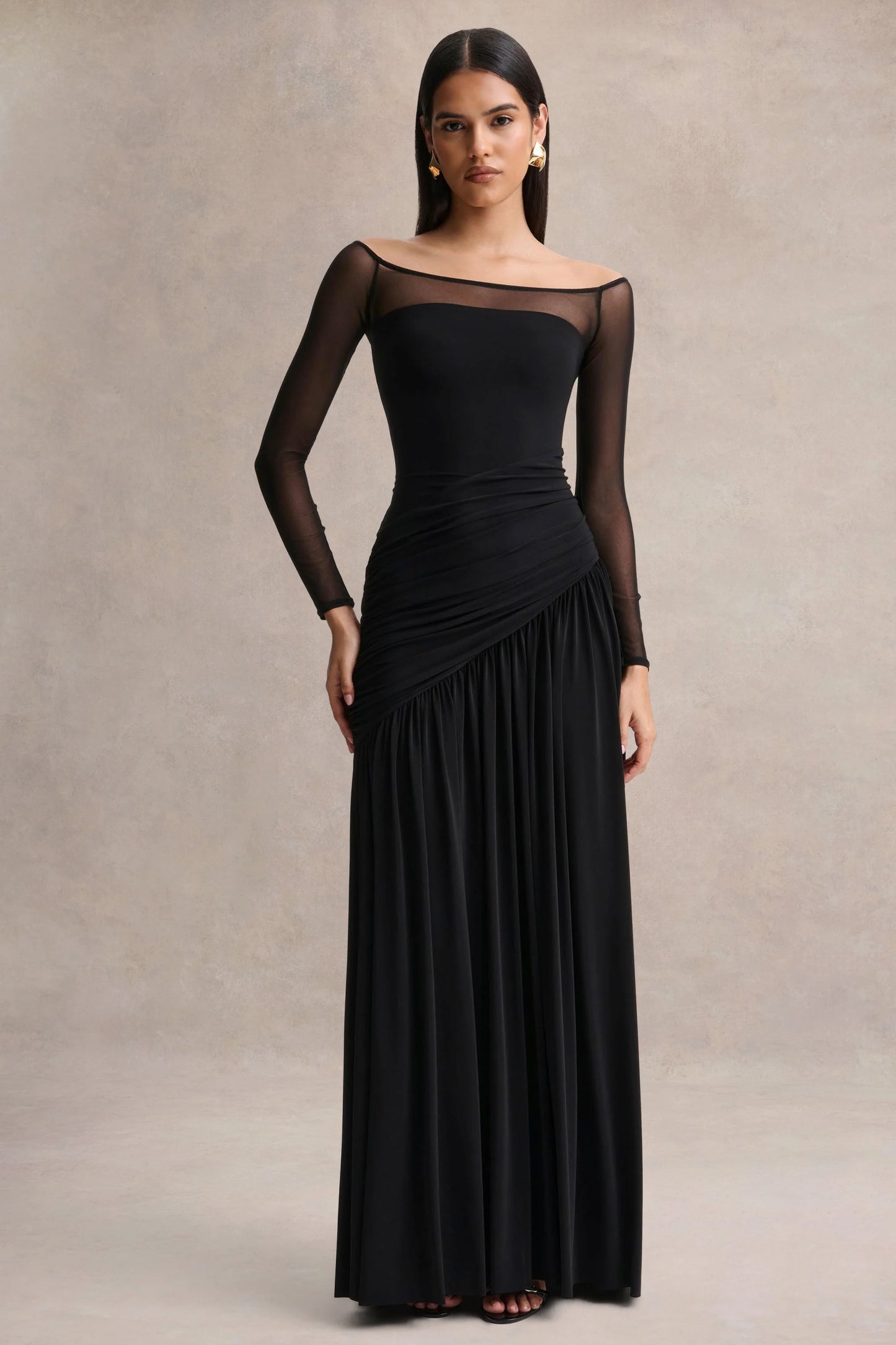 Bexley Black Bardot-Neck Draped Maxi Dress With Long Mesh-Sleeves