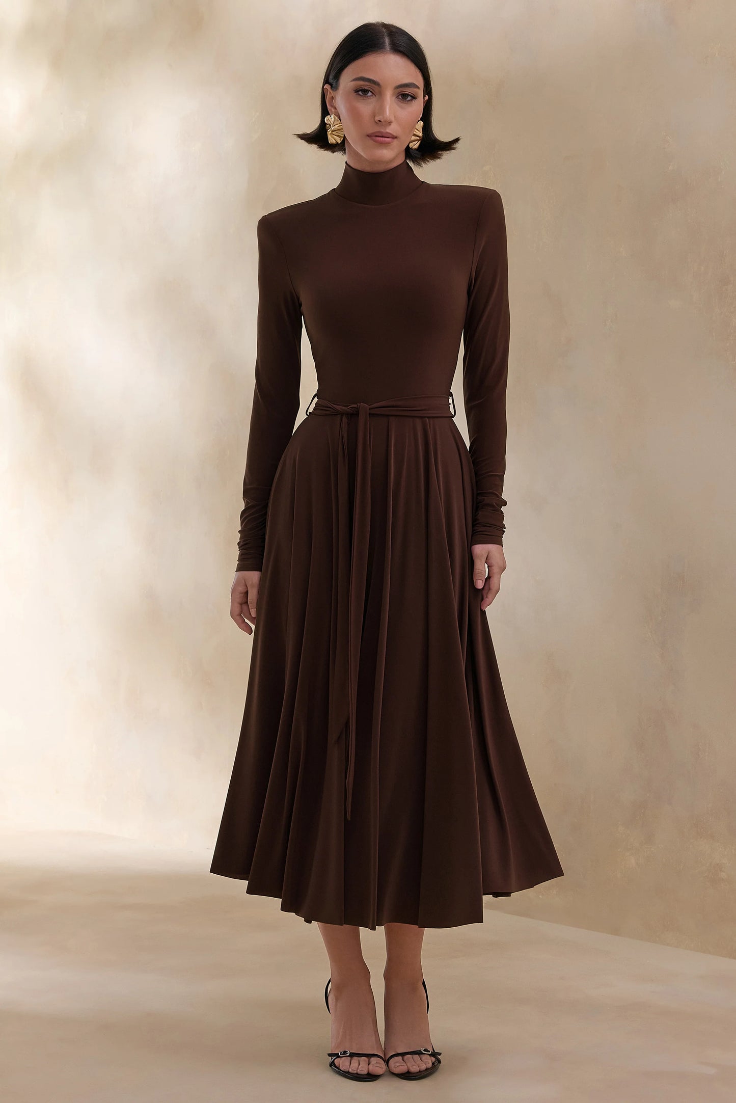 Opalia Brown High-Neck Belted Midi Dress