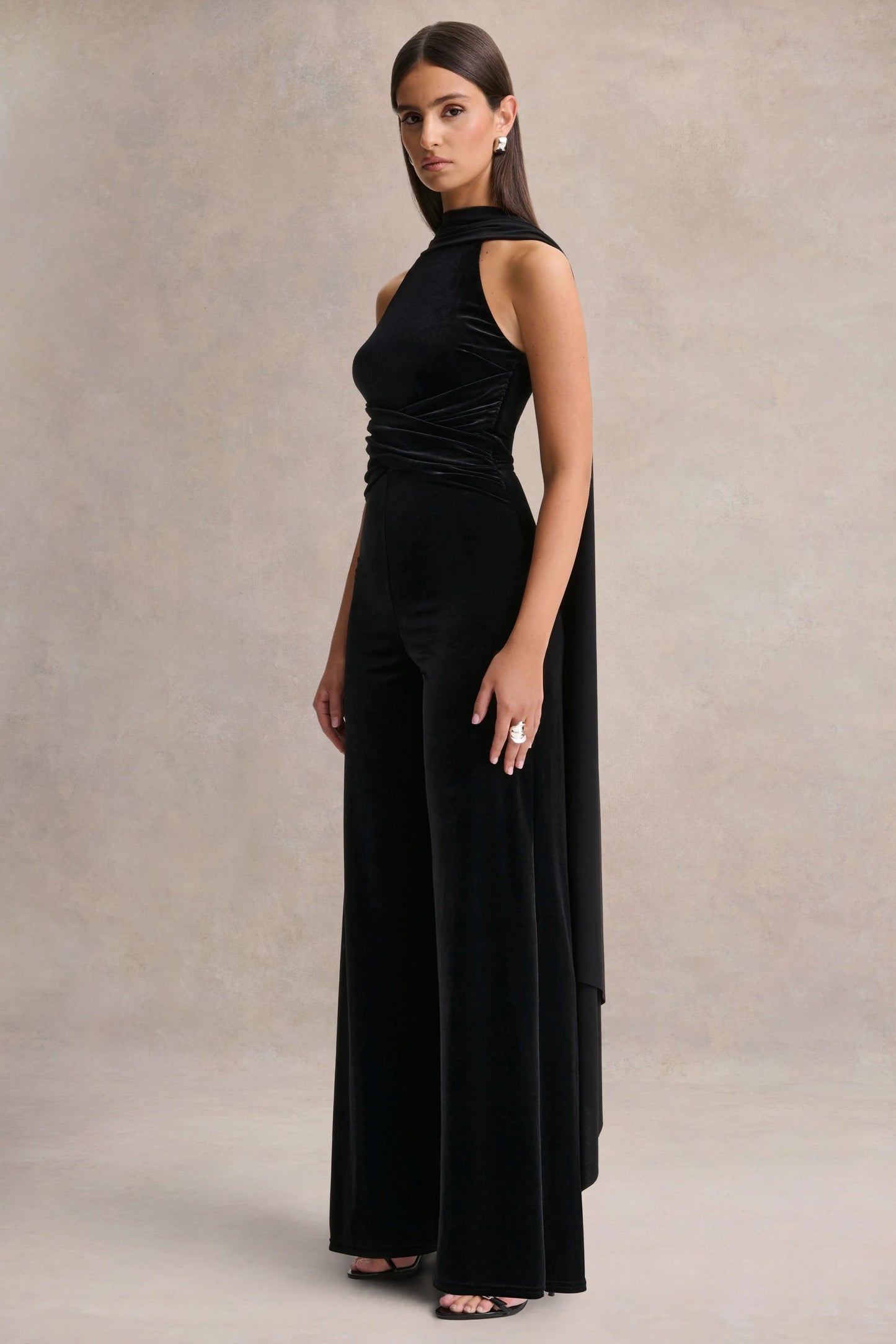 Madalina Black High-Neck Jumpsuit With Scarf-Detail