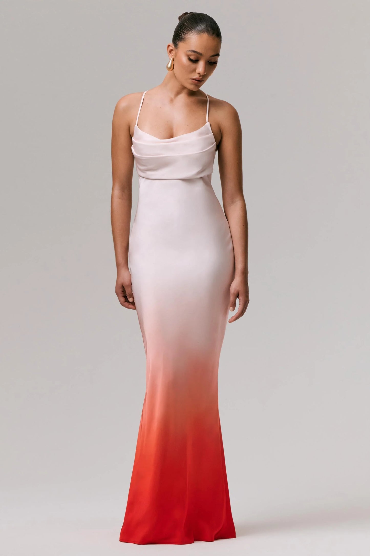 Lucie Red Ombre Satin Cowl-Neck Maxi Dress