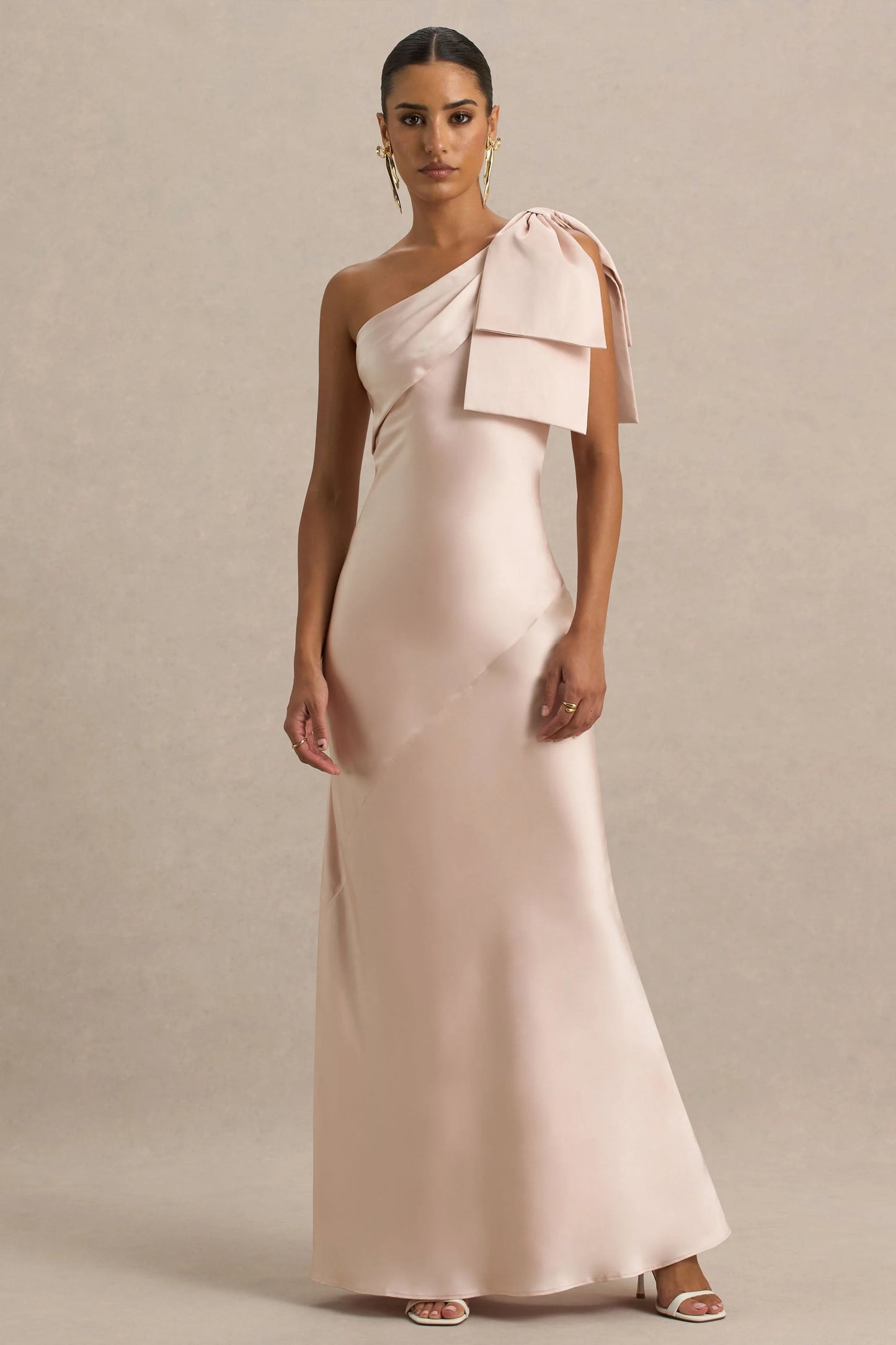 Valerie Light Pink Satin Asymmetric-Neck Maxi Dress With Bow Detail