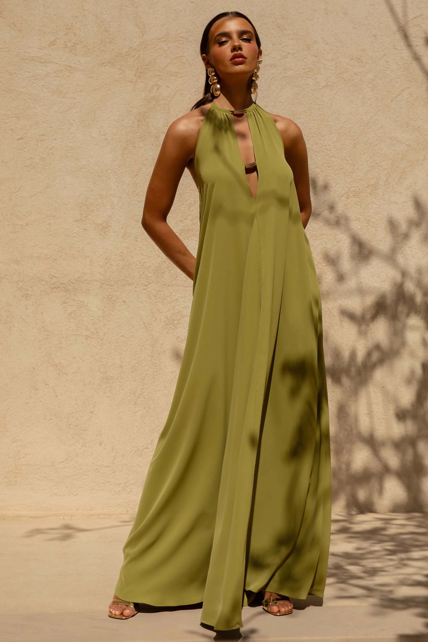 Zyon Green High-Neck Maxi Dress with Cut-Out Details