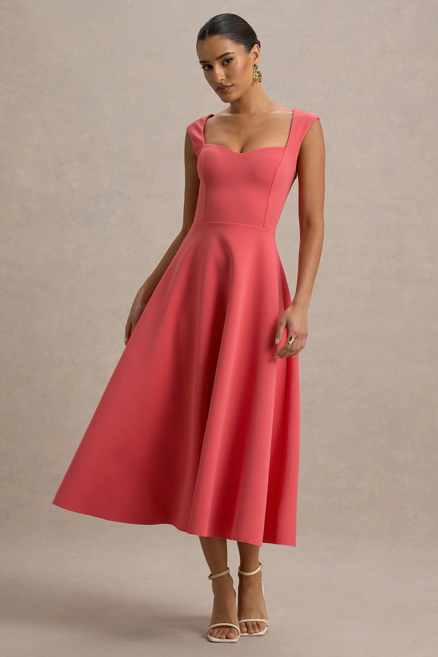 Andromeda Coral Sweetheart-Neck Midi Dress