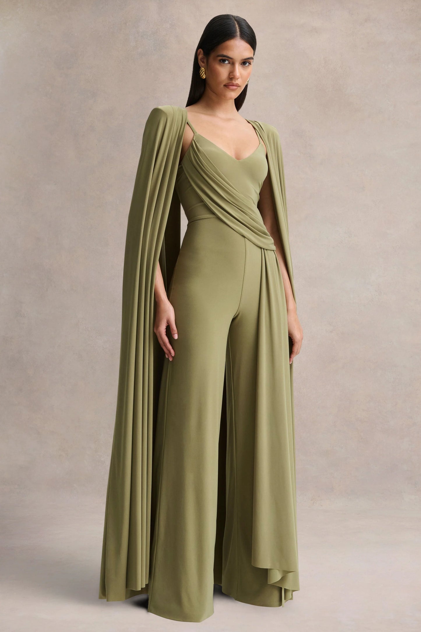 Labina Green Plunge-Neck Jumpsuit With Cape-Sleeves