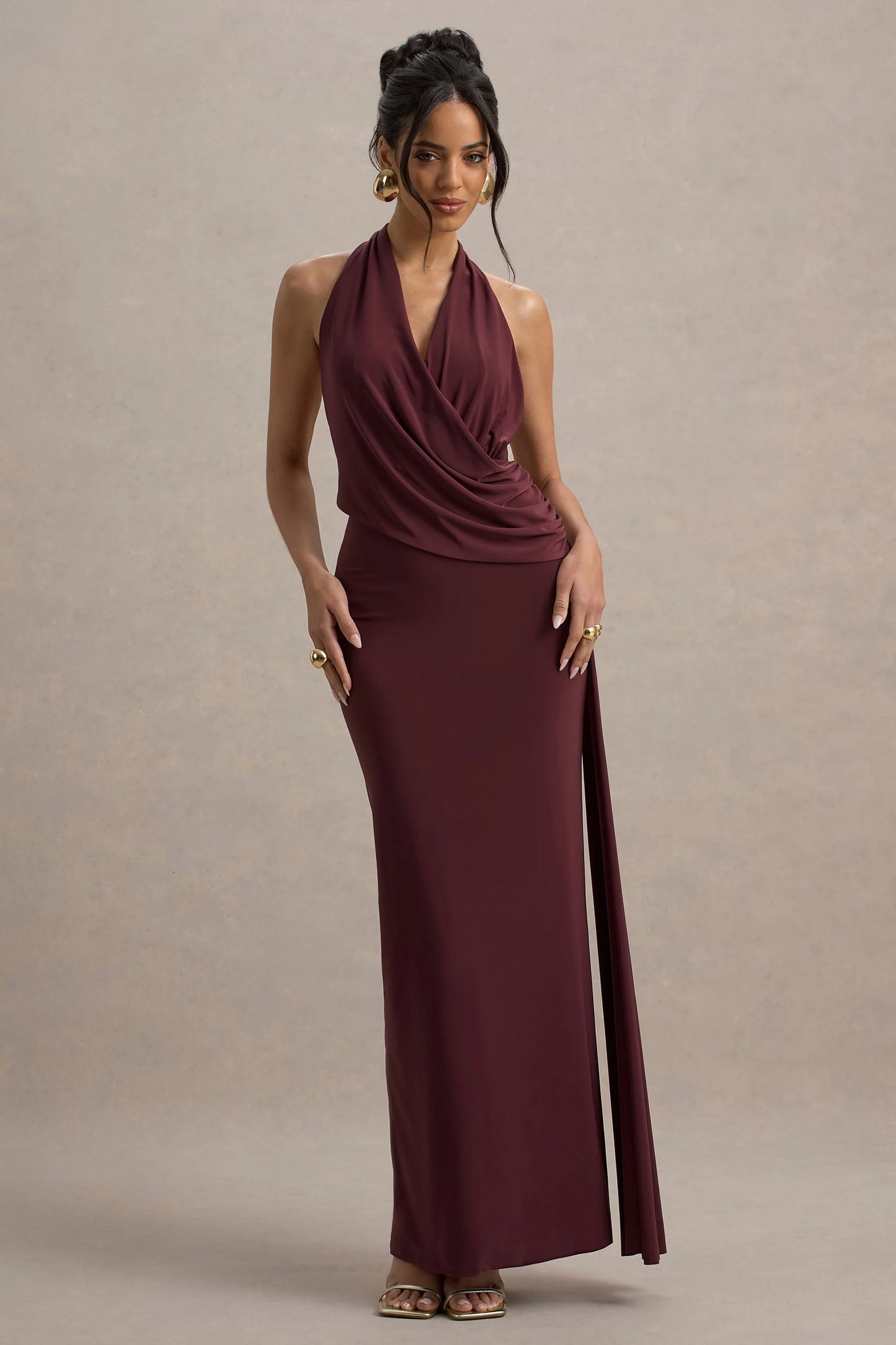 Rosina Burgundy Halter-Neck Draped Maxi Dress With Sash
