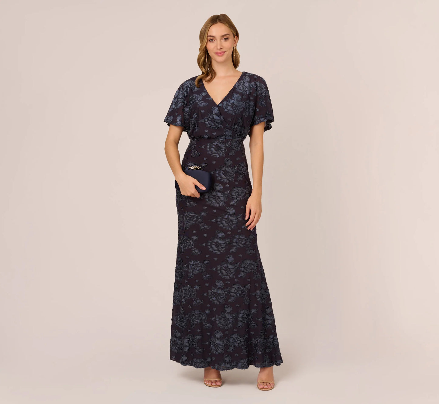 Floral Burnout Velvet Long Blouson Gown In Midnight