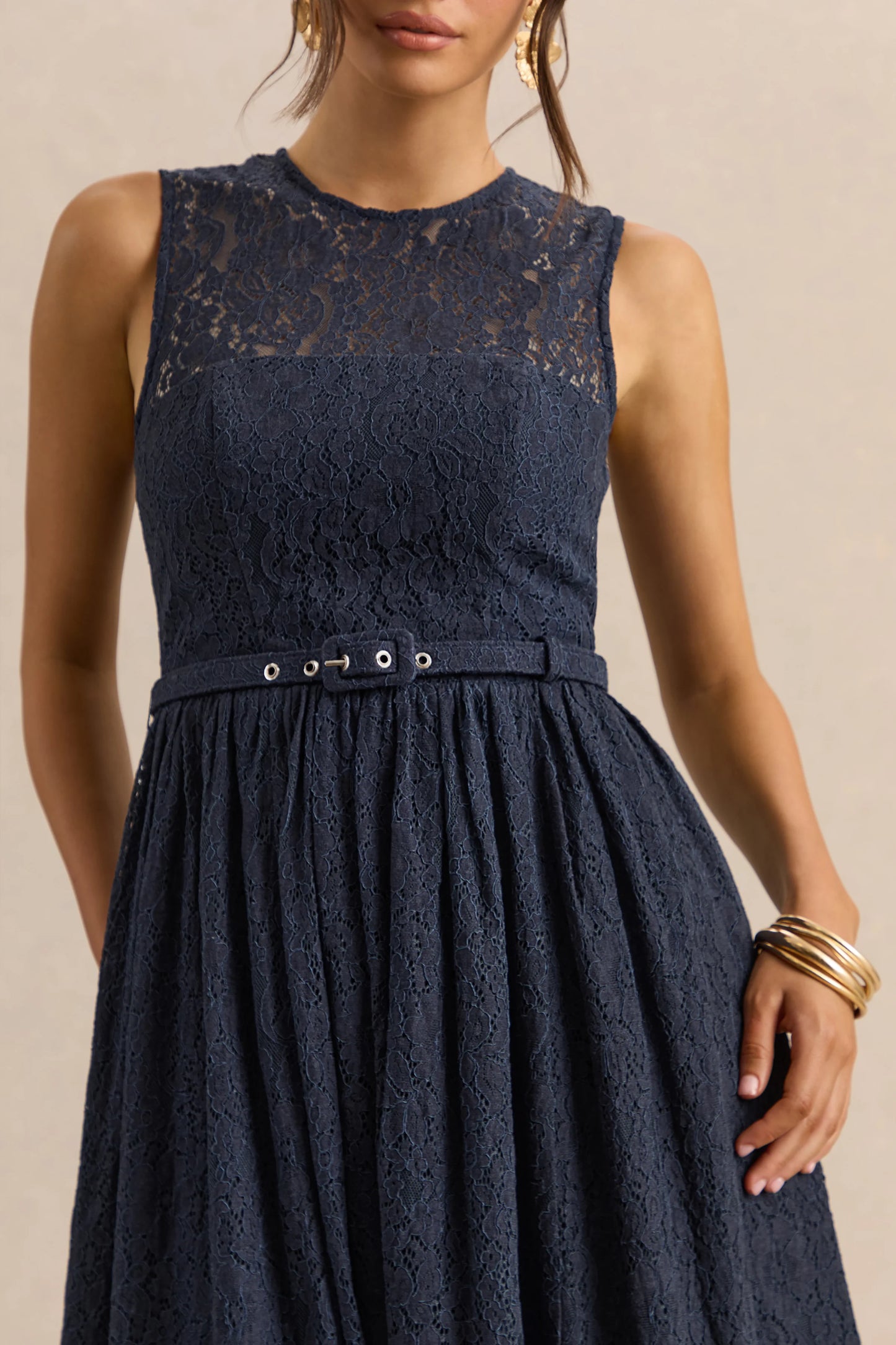 Anabella Navy Lace Crew-Neck Belted Midi-Dress