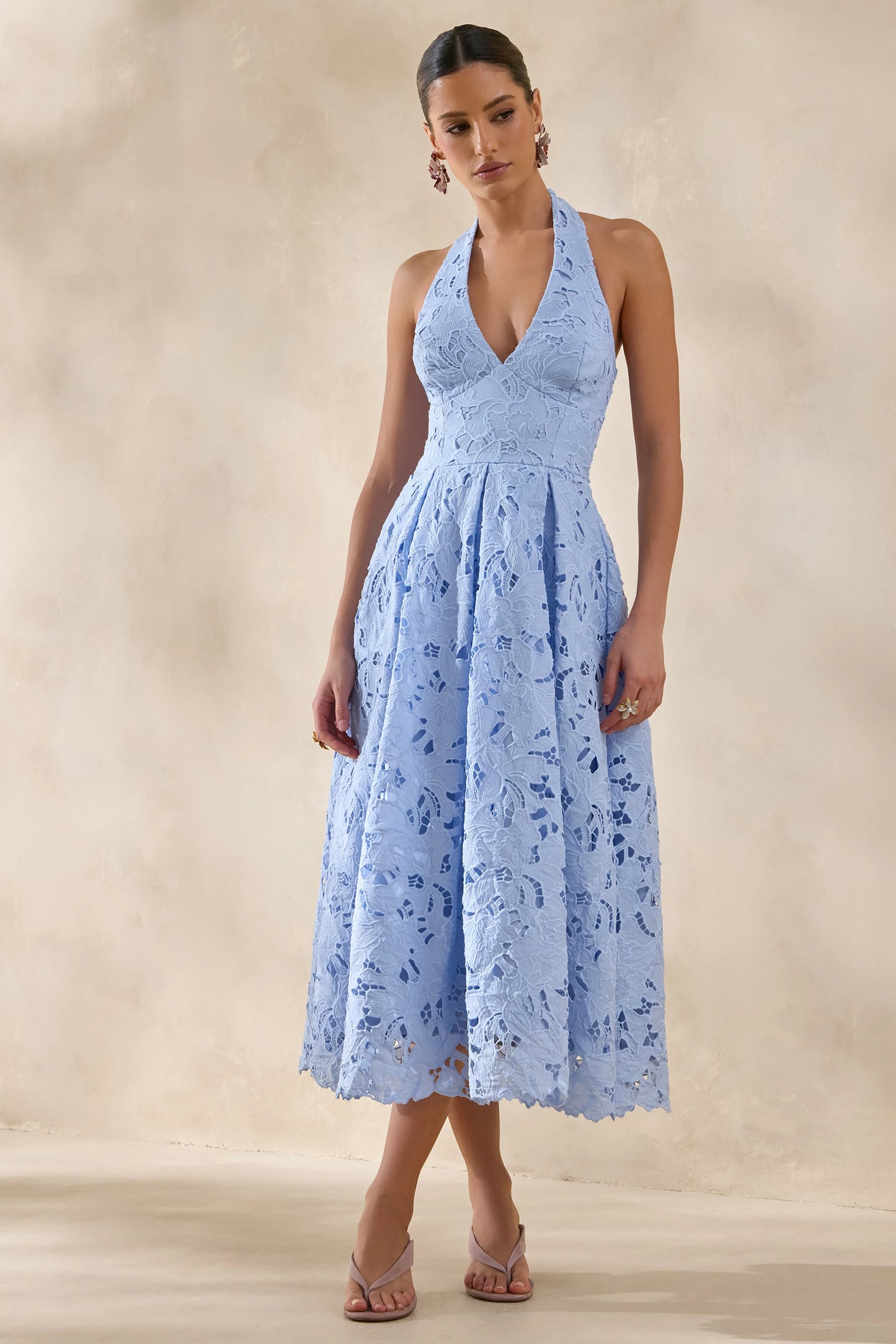 Maribel Powder Blue Lace Plunge-Neck Midi Dress