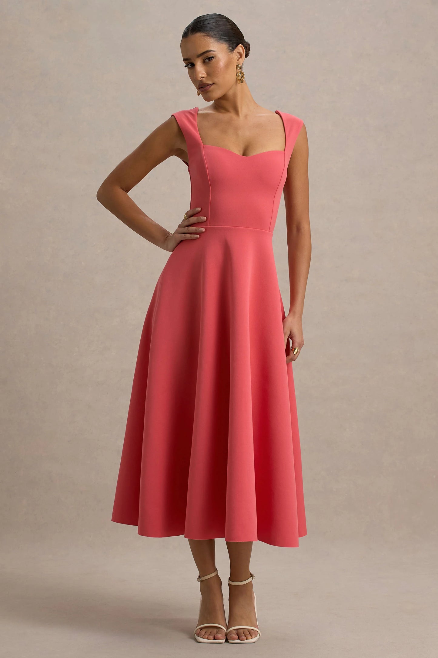 Andromeda Coral Sweetheart-Neck Midi Dress