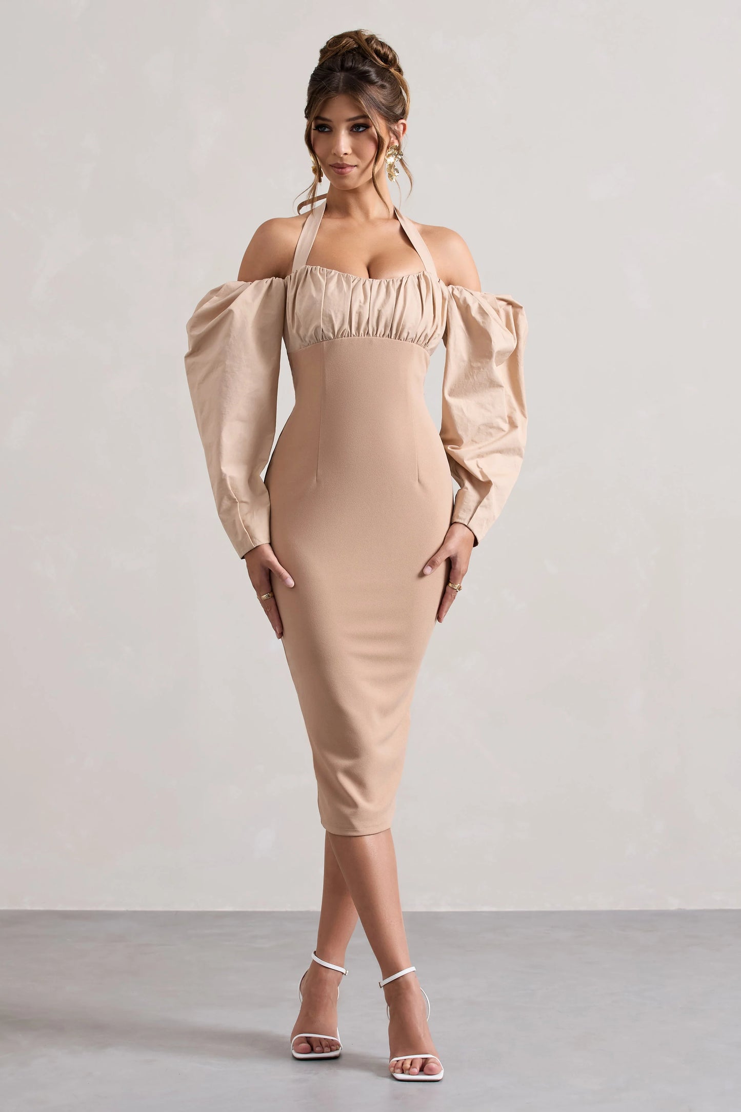 Couture Client Champagne Halter-Neck Puff Sleeve Midi Dress
