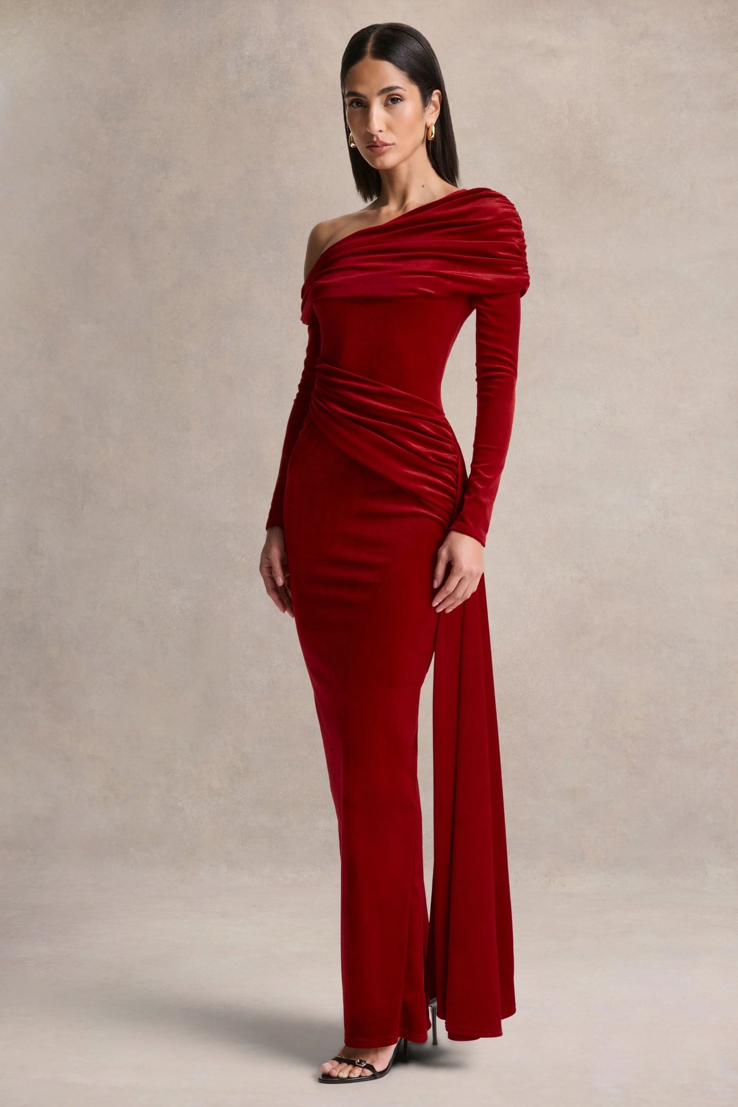 Hadria Red Velvet Asymmetric-Neck Maxi Dress With Sash-Detail