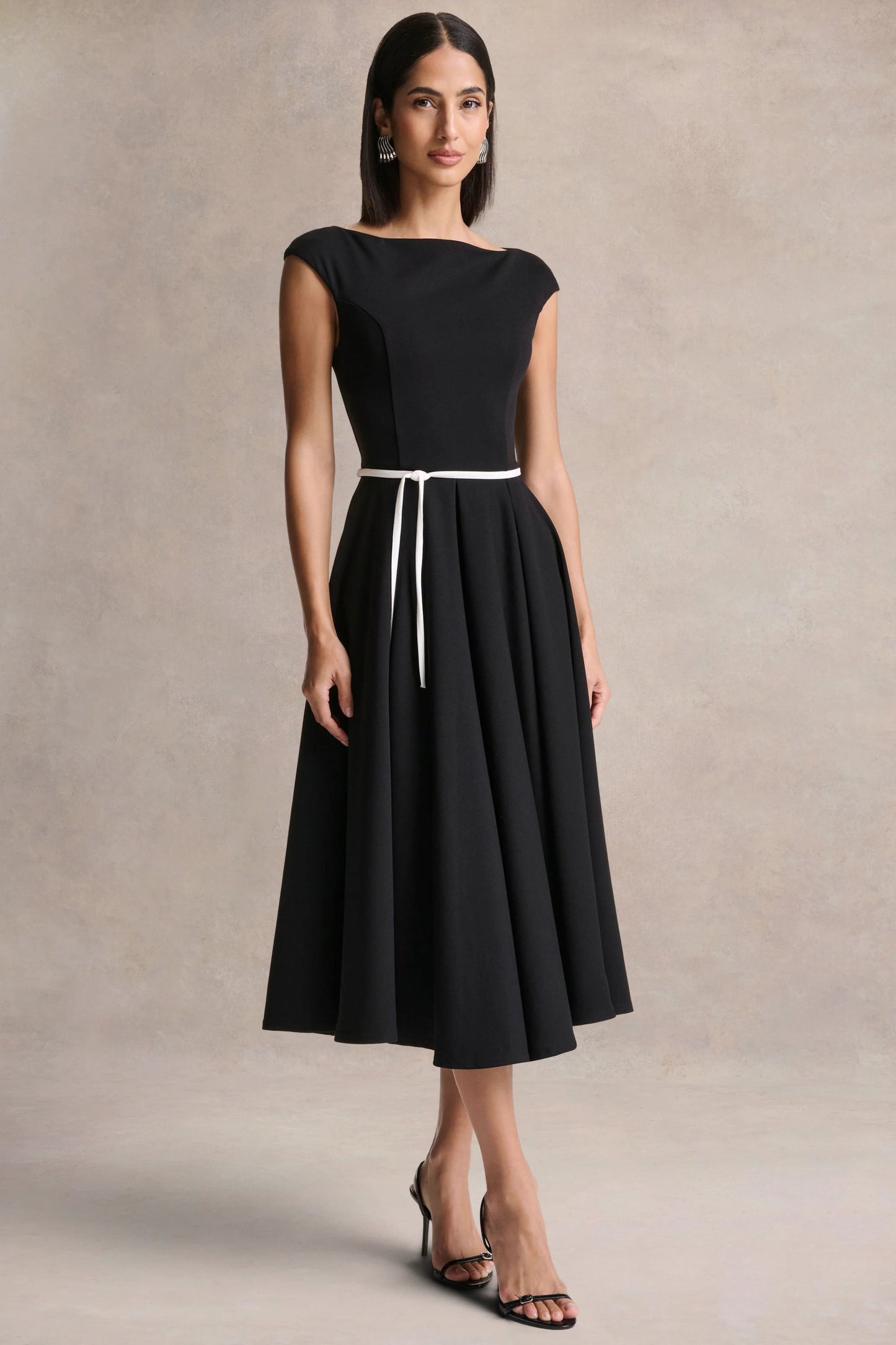Nataline Black Round-Neck Midi Dress With White Belt-Detail