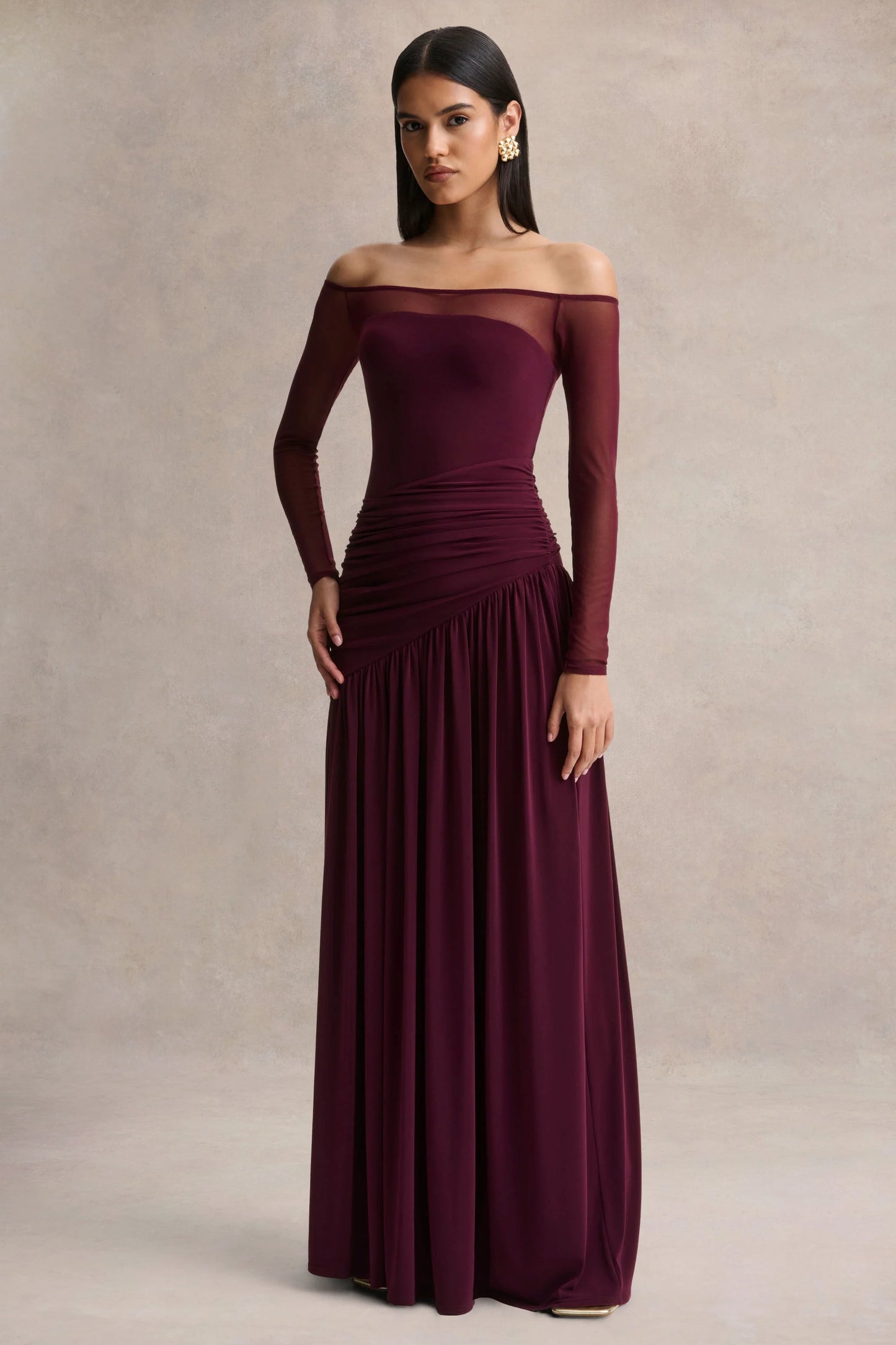 Luminary Dark Plum Bardot-Neck Maxi Dress With Mesh Sleeves