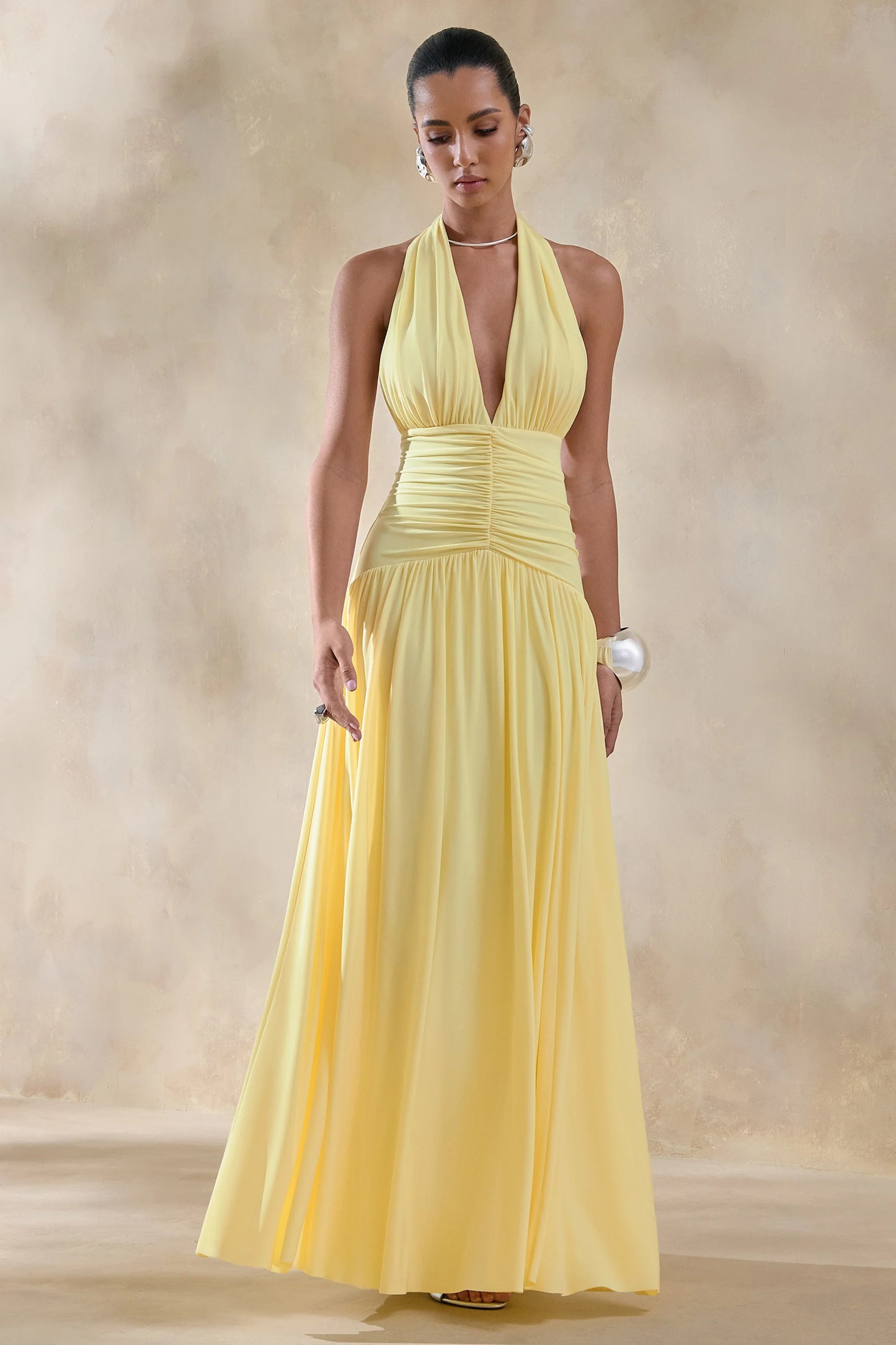 Bettina Lemon Plunge-Neck Maxi Dress With Gathered-Detailing