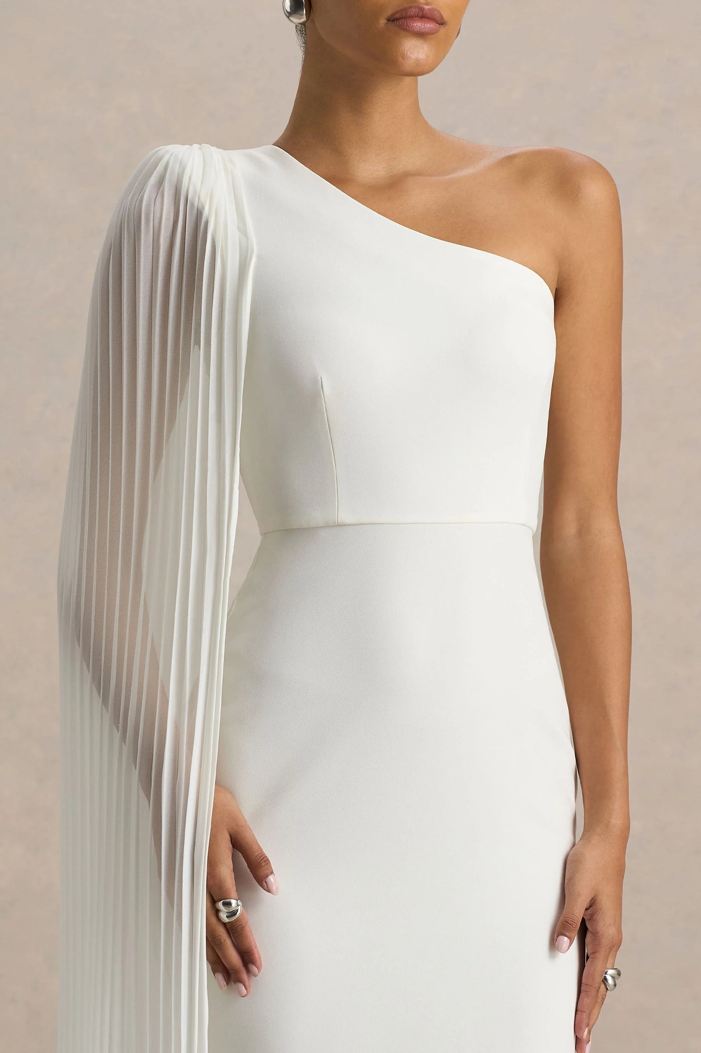 Athens White Asymmetric-Neck Maxi Dress With Cape Sleeve Detail
