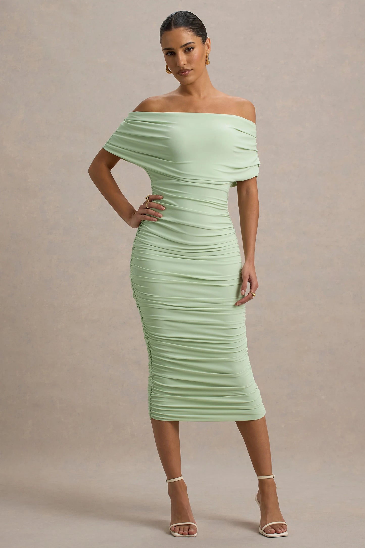 Rayleigh Light Green Bardot Ruched Midi Dress