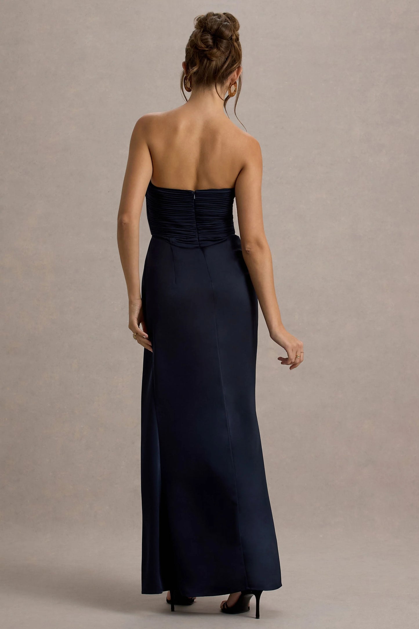Edel Navy Satin Strapless Maxi Dress With Drape