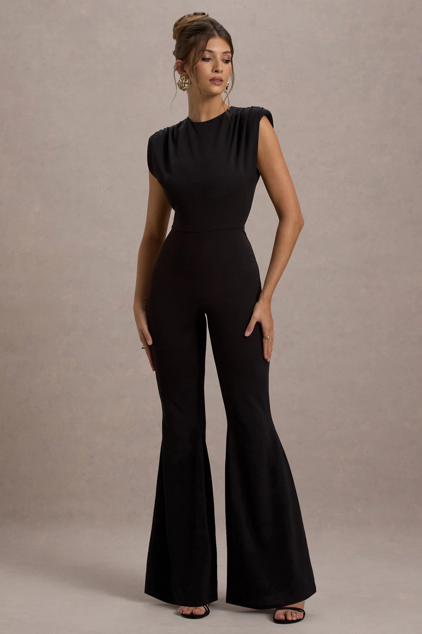 Elyna Black High-Neck Draped Flared-Leg Jumpsuit