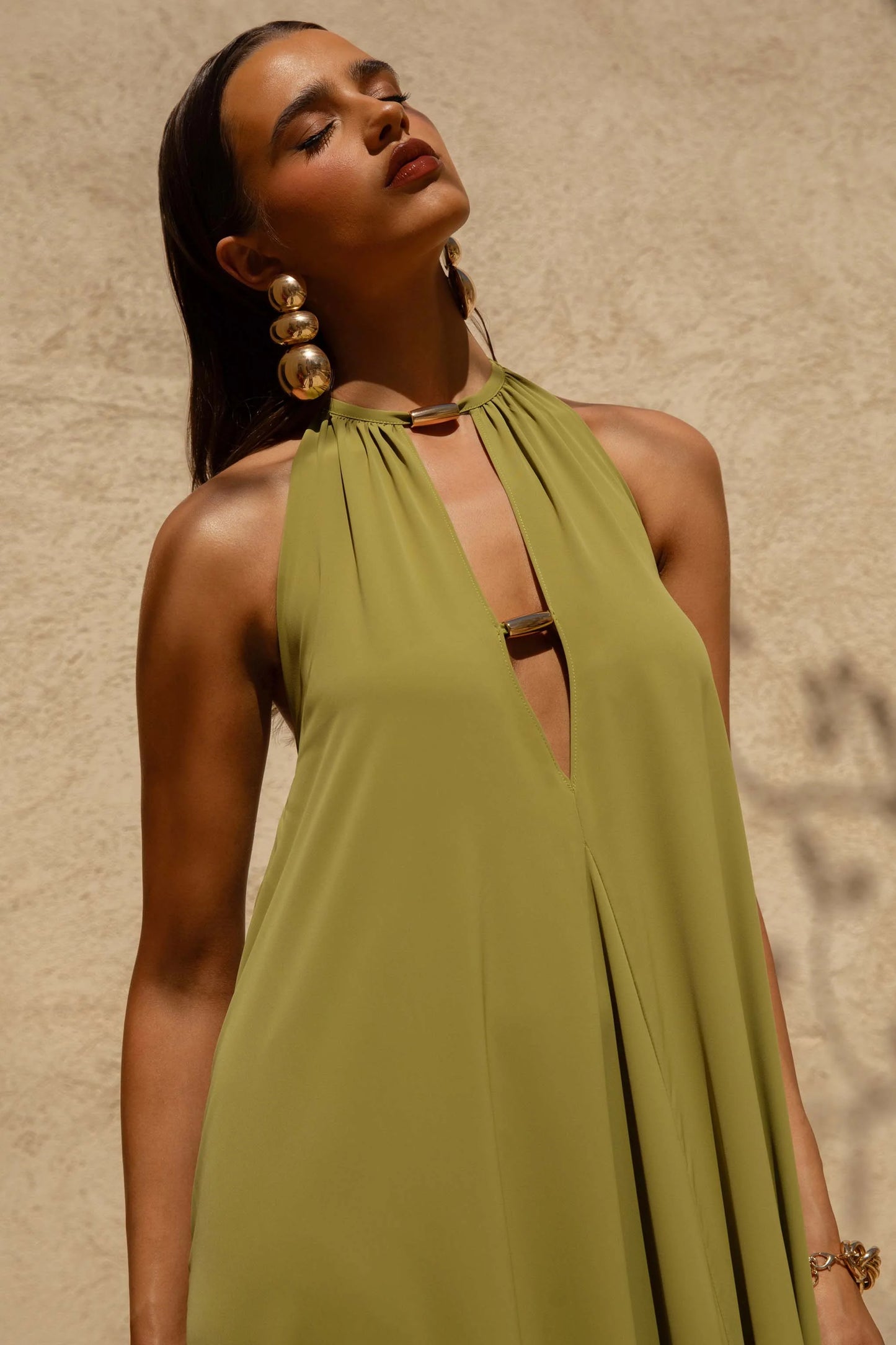 Zyon Green High-Neck Maxi Dress with Cut-Out Details