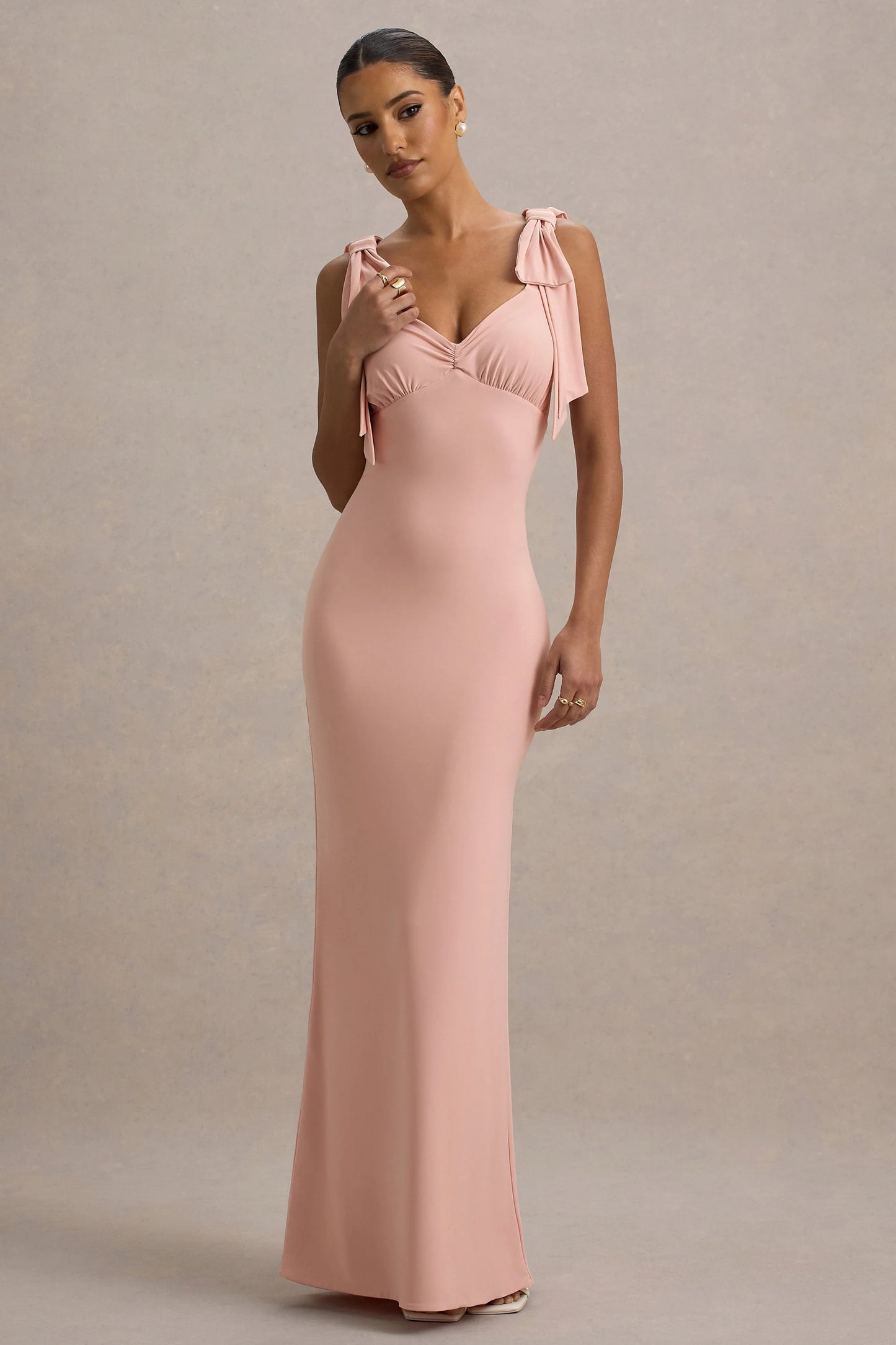 Evanna Pink V-Neck Maxi Dress With Bow Straps