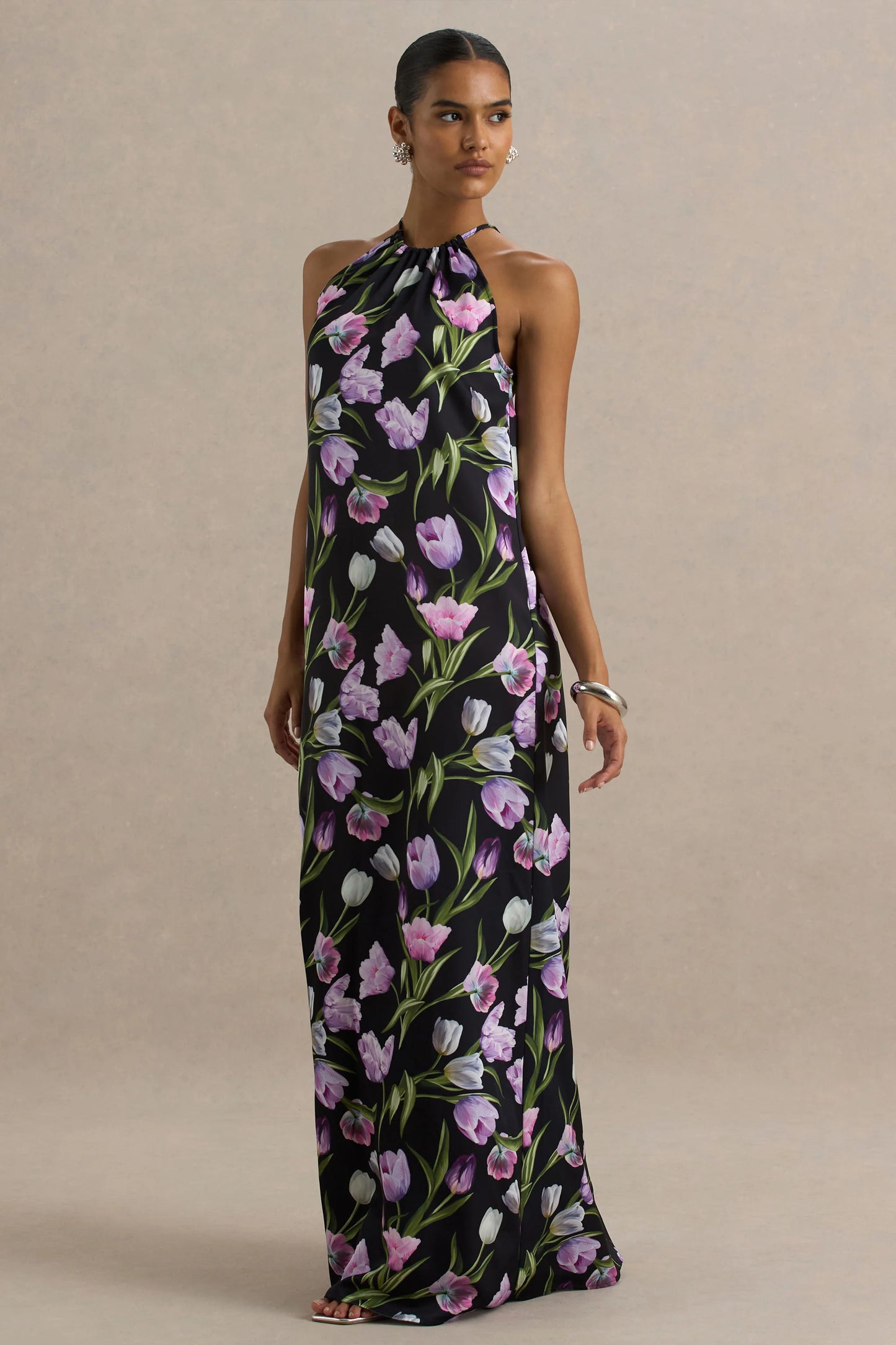 Svana Black Satin Floral Asymmetric Halter-Neck Maxi Dress
