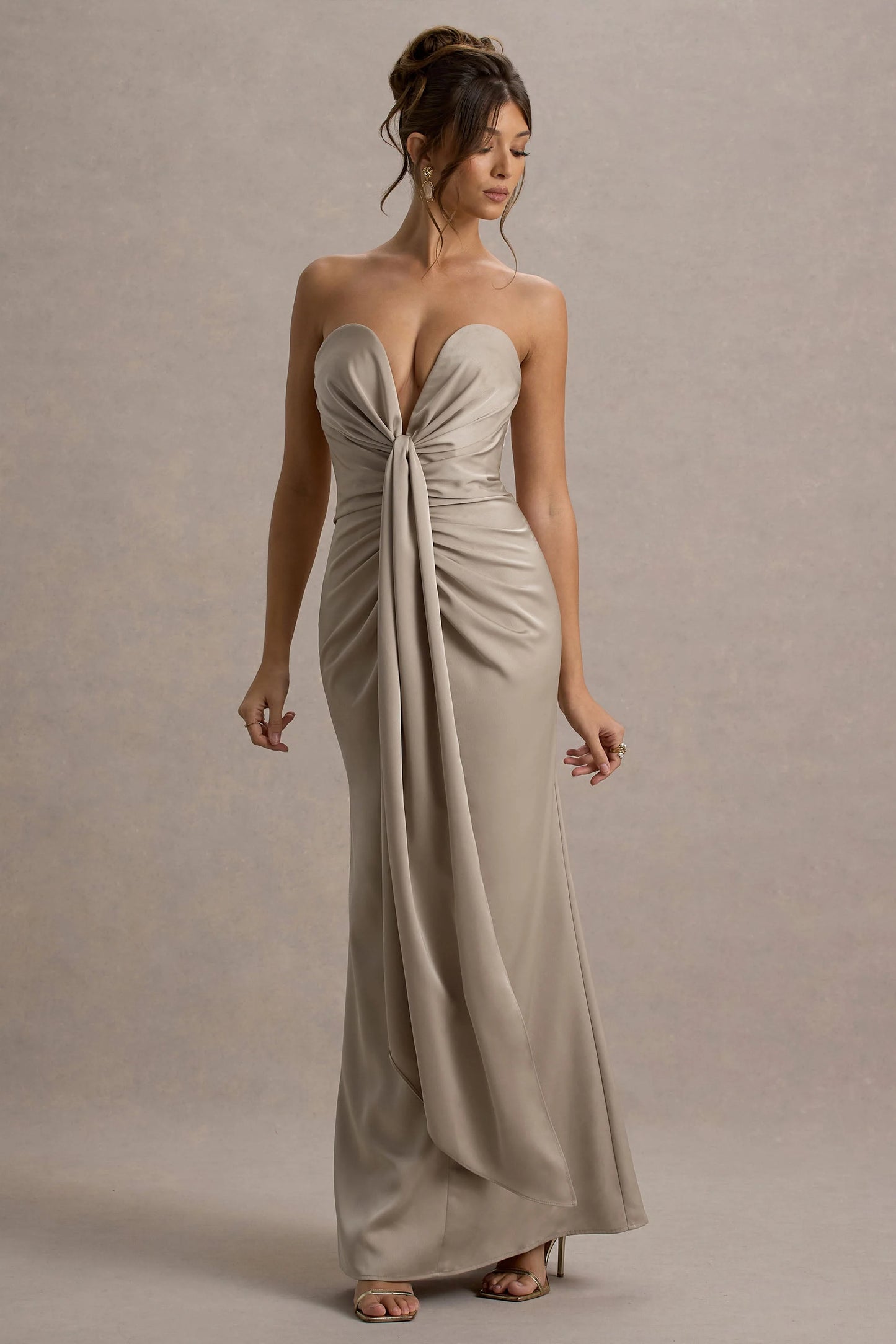 Mackenzie Champagne Satin Plunge-Neck Draped Maxi Dress