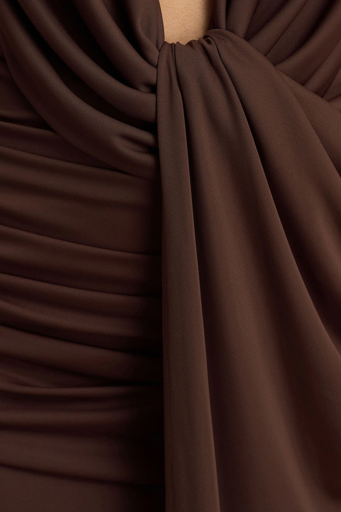 Serafina Chocolate Extreme-Plunge Neck Maxi Dress With Wrap And Ruched Details